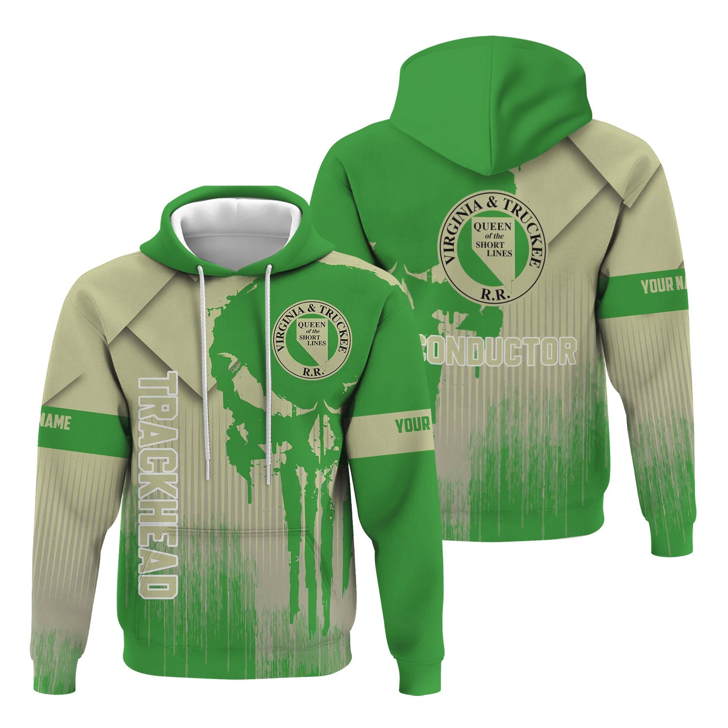 Railspirit Personalized Virginia & Truckee Railroad Hoodie Skull Design with Custom Job Train Zip Up Hoodie for Trackhead Crew