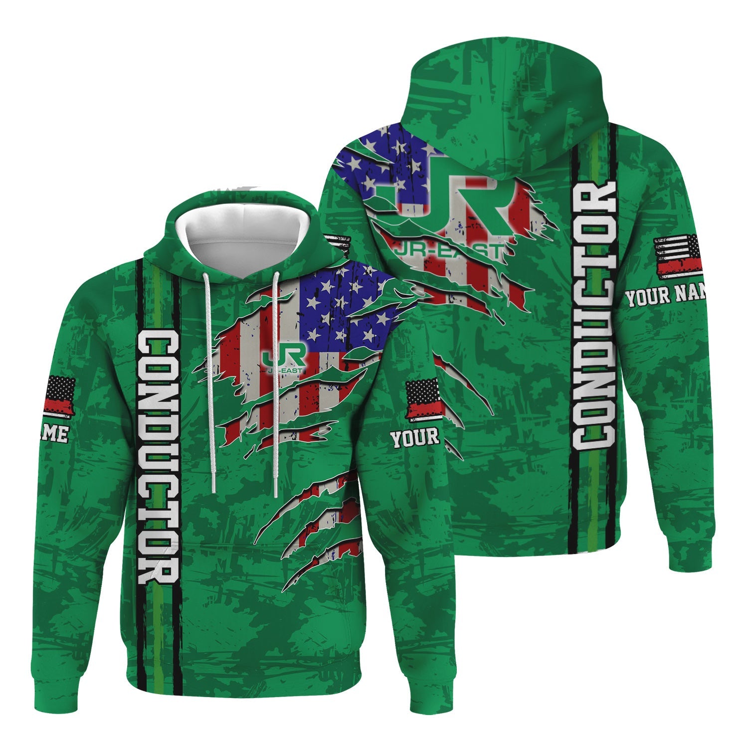 Railspirit Personalized East Japan Railway Hoodie USA Flag Claw Art with Custom Job JR-EAST Train Zip Up Hoodie