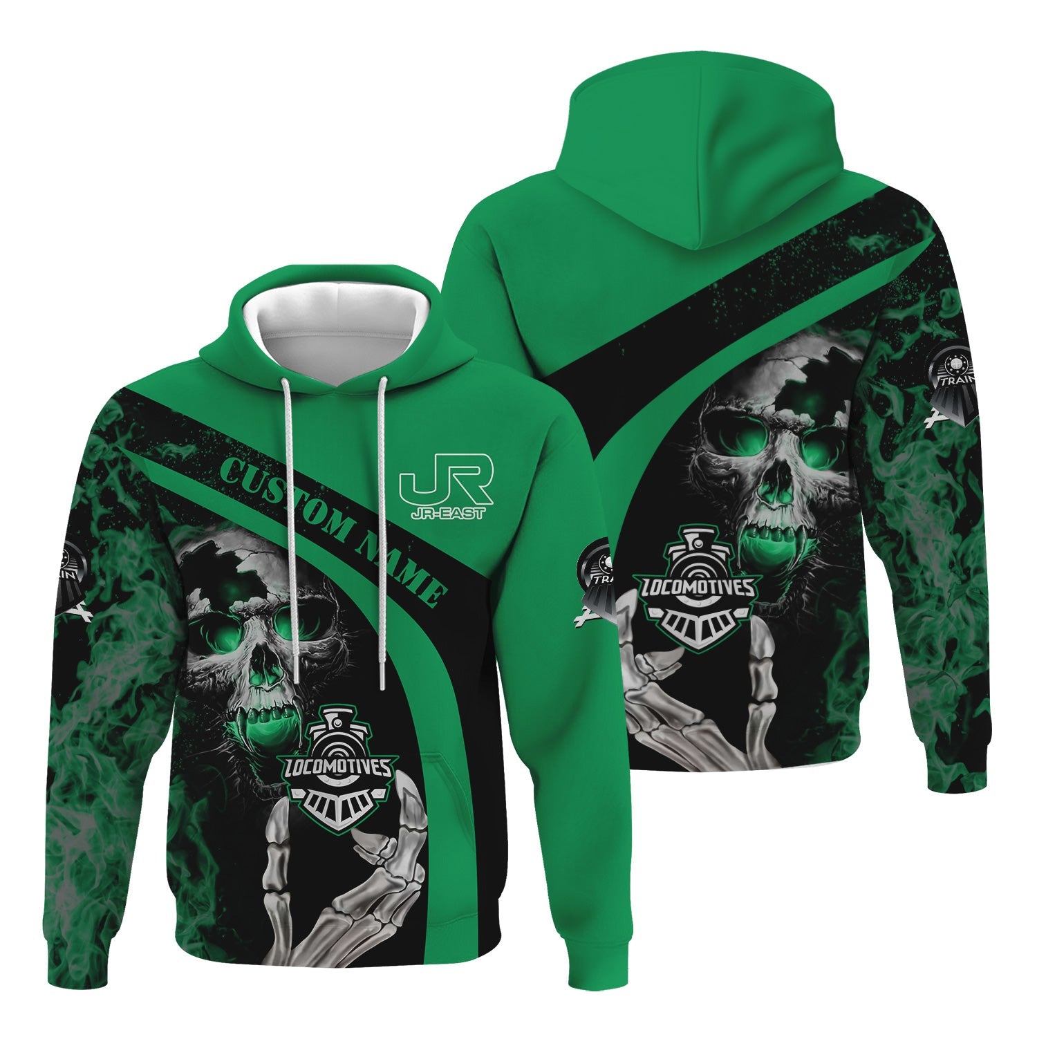 Railspirit Personalized East Japan Railway Hoodie Flame Skull Design JR-EAST Train Zip Up Hoodie for Locomotive Fans