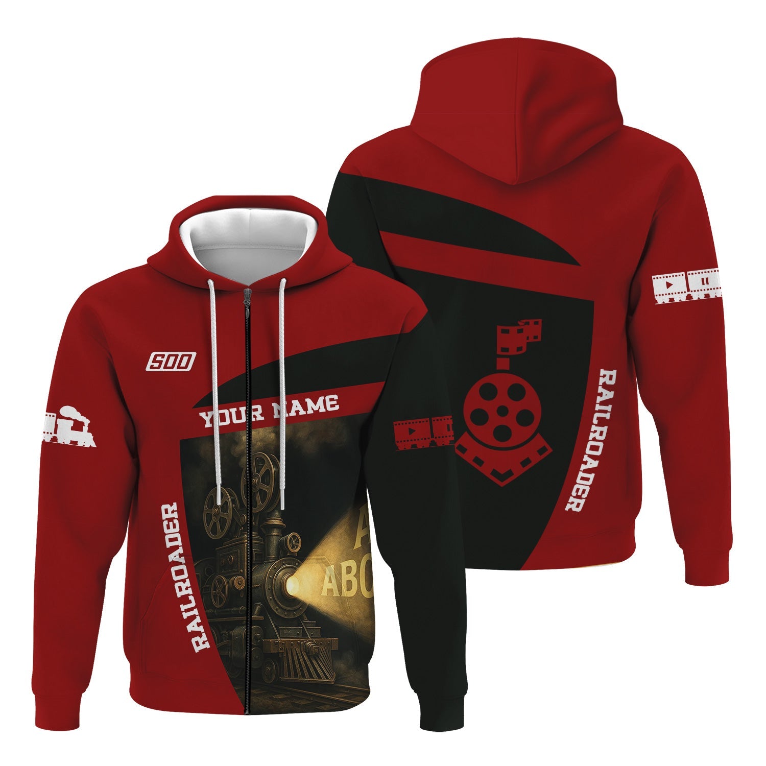 Railspirit Personalized Soo Line Railroad Hoodie All Aboard Steam Train Movie Projector Style Zip Up Hoodie