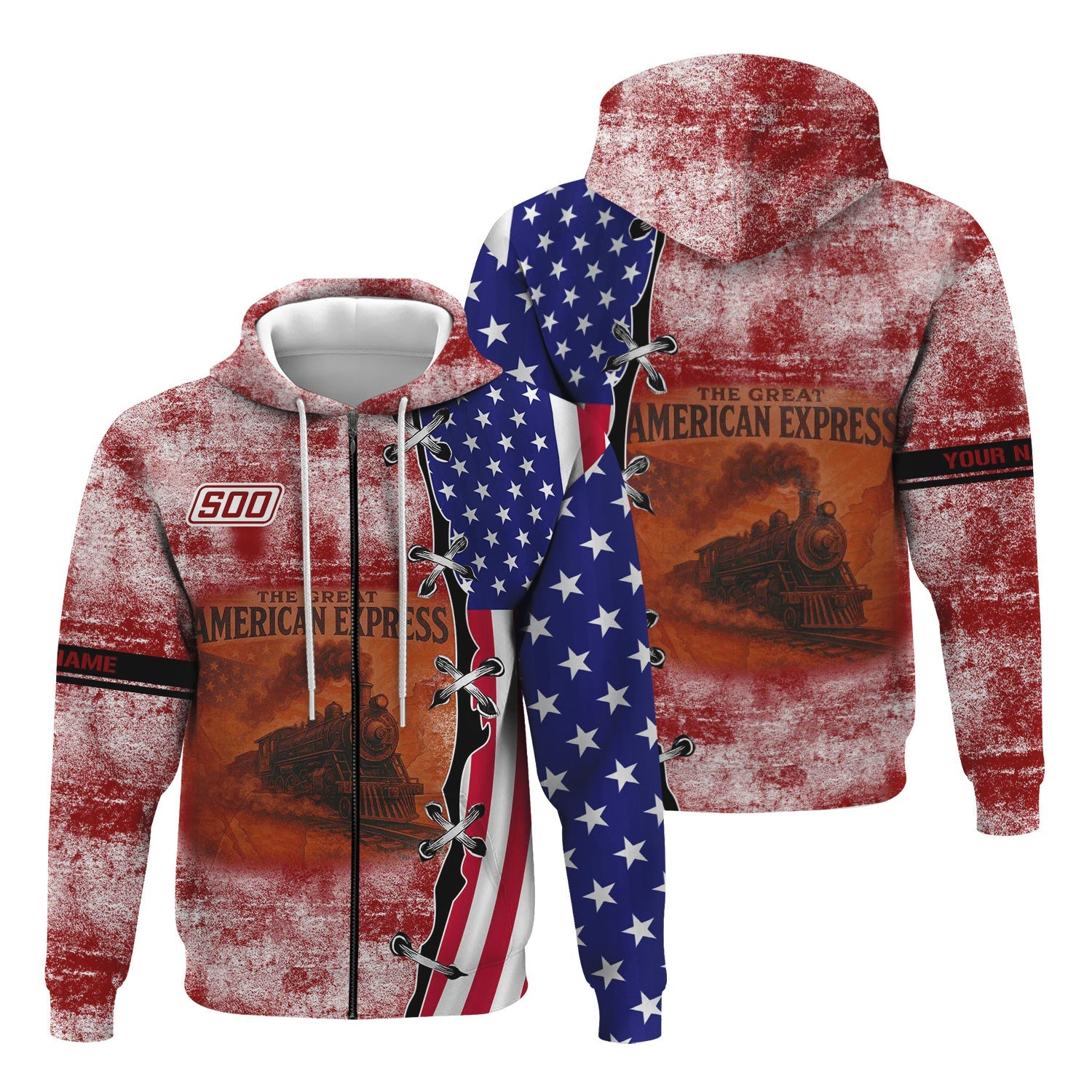 Railspirit Personalized Soo Line Railroad Hoodie Retro American Express Train With USA Flag Zip Up Hoodie