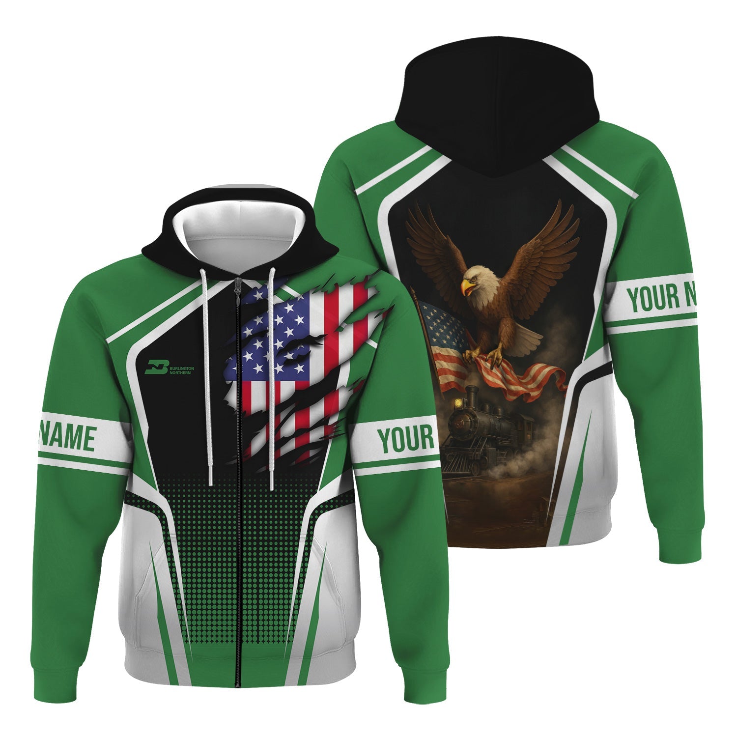 Railspirit Personalized Burlington Northern Railroad Hoodie American Eagle Vintage Train Zip Up Hoodie
