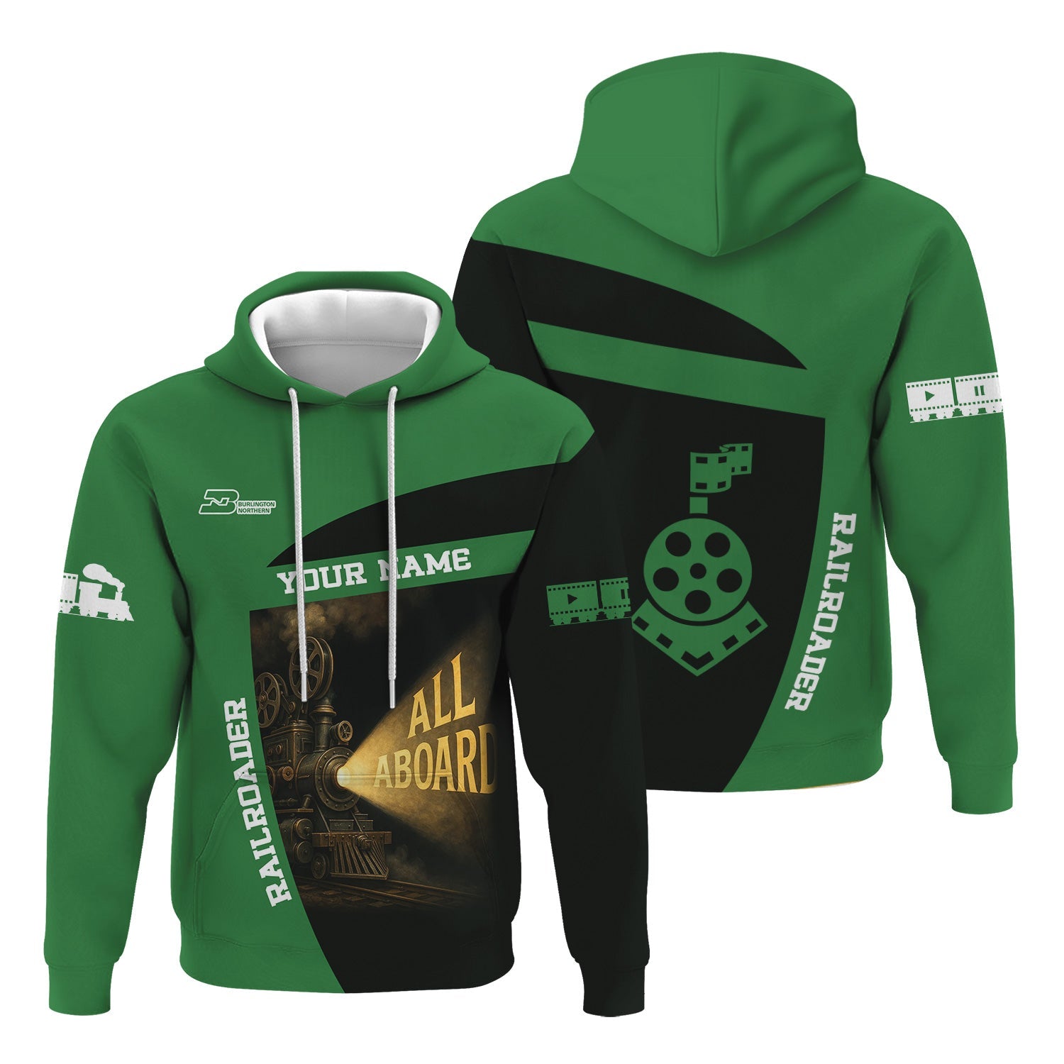 Railspirit Personalized Burlington Northern Railroad Hoodie All Aboard Steam Train Movie Projector Style Zip Up Hoodie