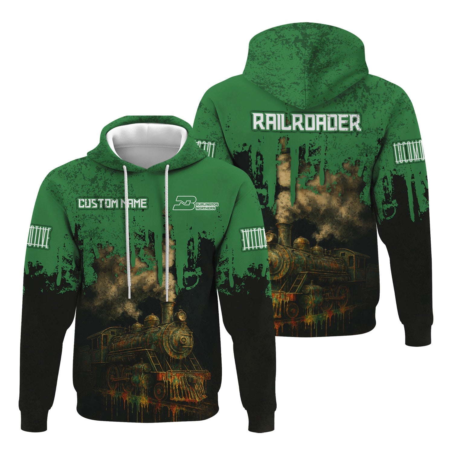 Railspirit Personalized Burlington Northern Railroad Hoodie Vintage Train Art Style Zip Up Hoodie For Locomotive Fans