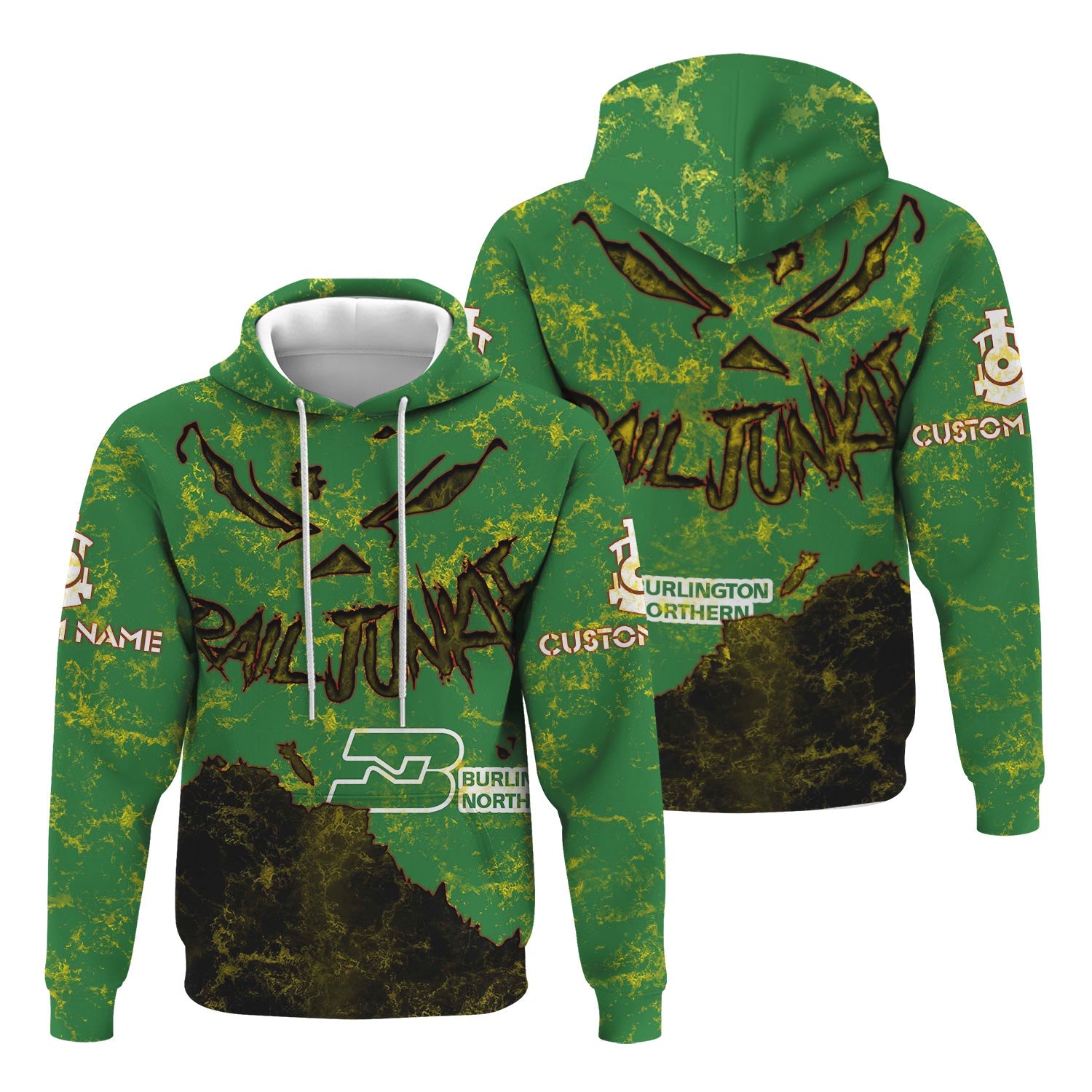 Railspirit Personalized Burlington Northern Railroad Hoodie Torn Graphic Style Train Zip Up Hoodie For Rail Junkie