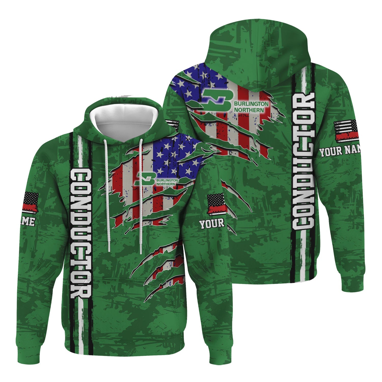 Railspirit Personalized Burlington Northern Railroad Hoodie USA Flag Claw Art with Custom Job Train Zip Up Hoodie