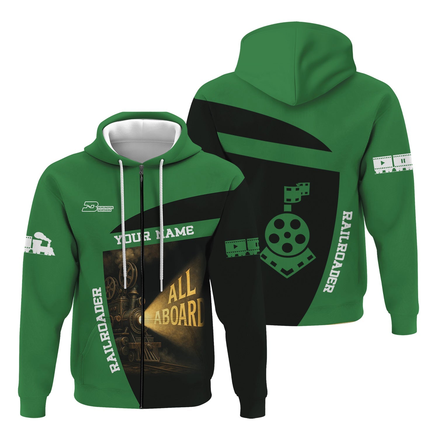 Railspirit Personalized Burlington Northern Railroad Hoodie All Aboard Steam Train Movie Projector Style Zip Up Hoodie