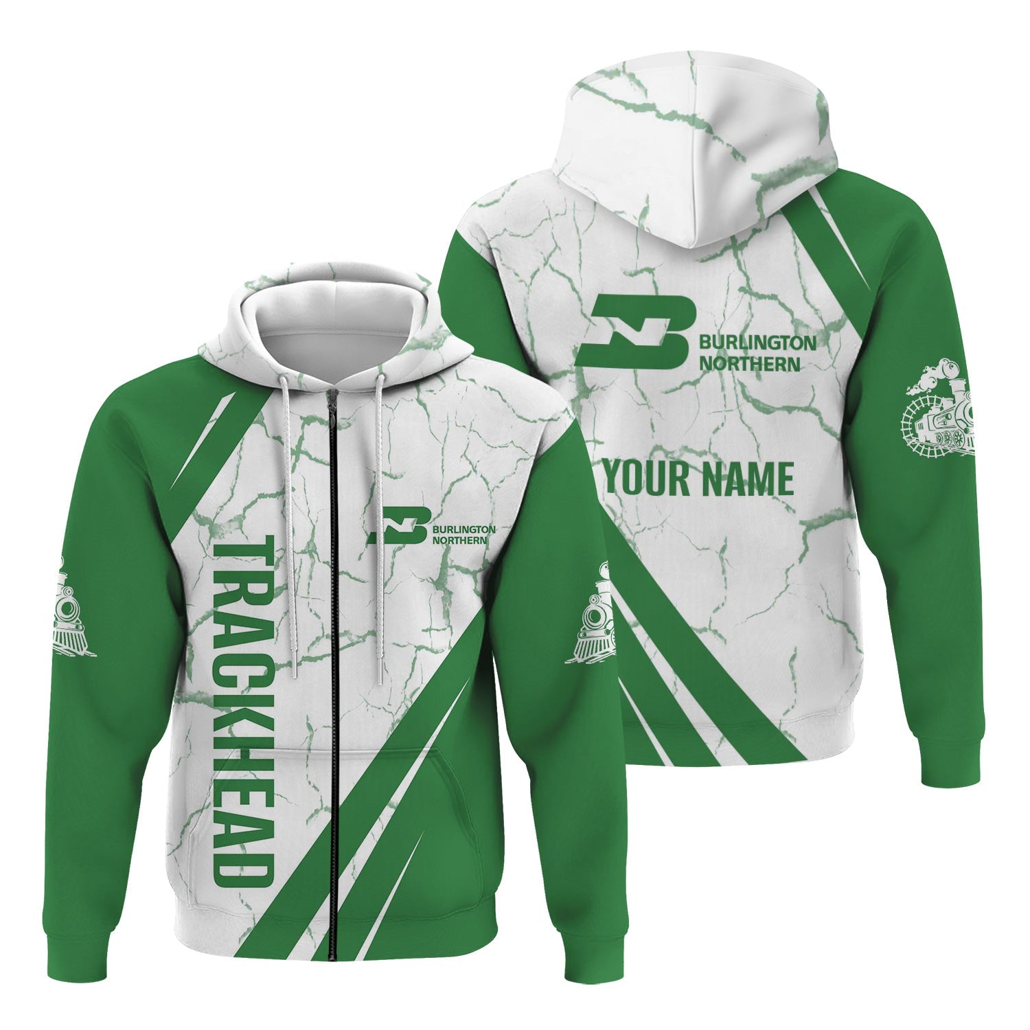 Railspirit Personalized Burlington Northern Railroad Hoodie Crackle Texture Style Train Zip Up Hoodie For Trackhead