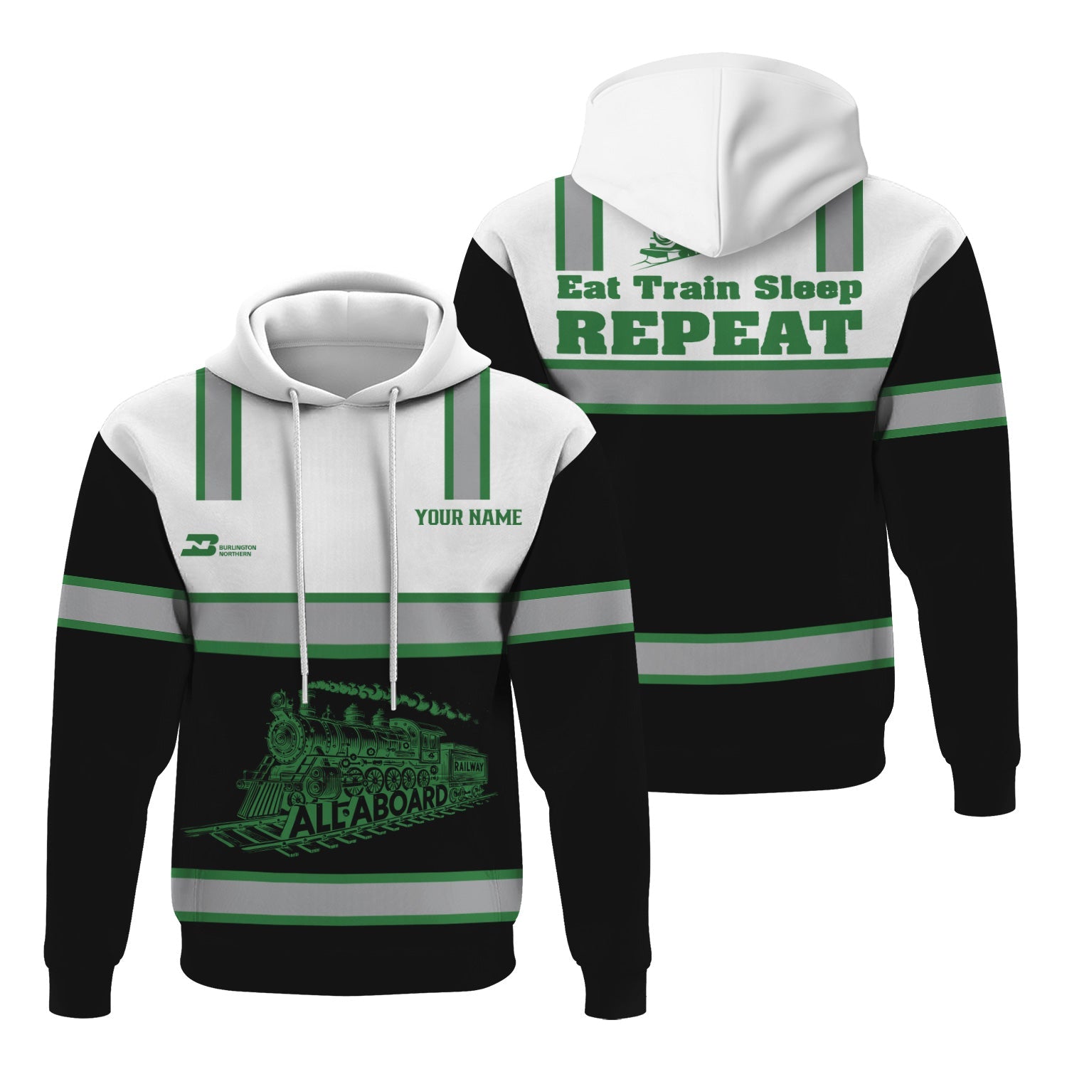 Railspirit Custom Name Burlington Northern Railroad Hoodie Eat Train Sleep Repeat Printed Train Zip Hoodie