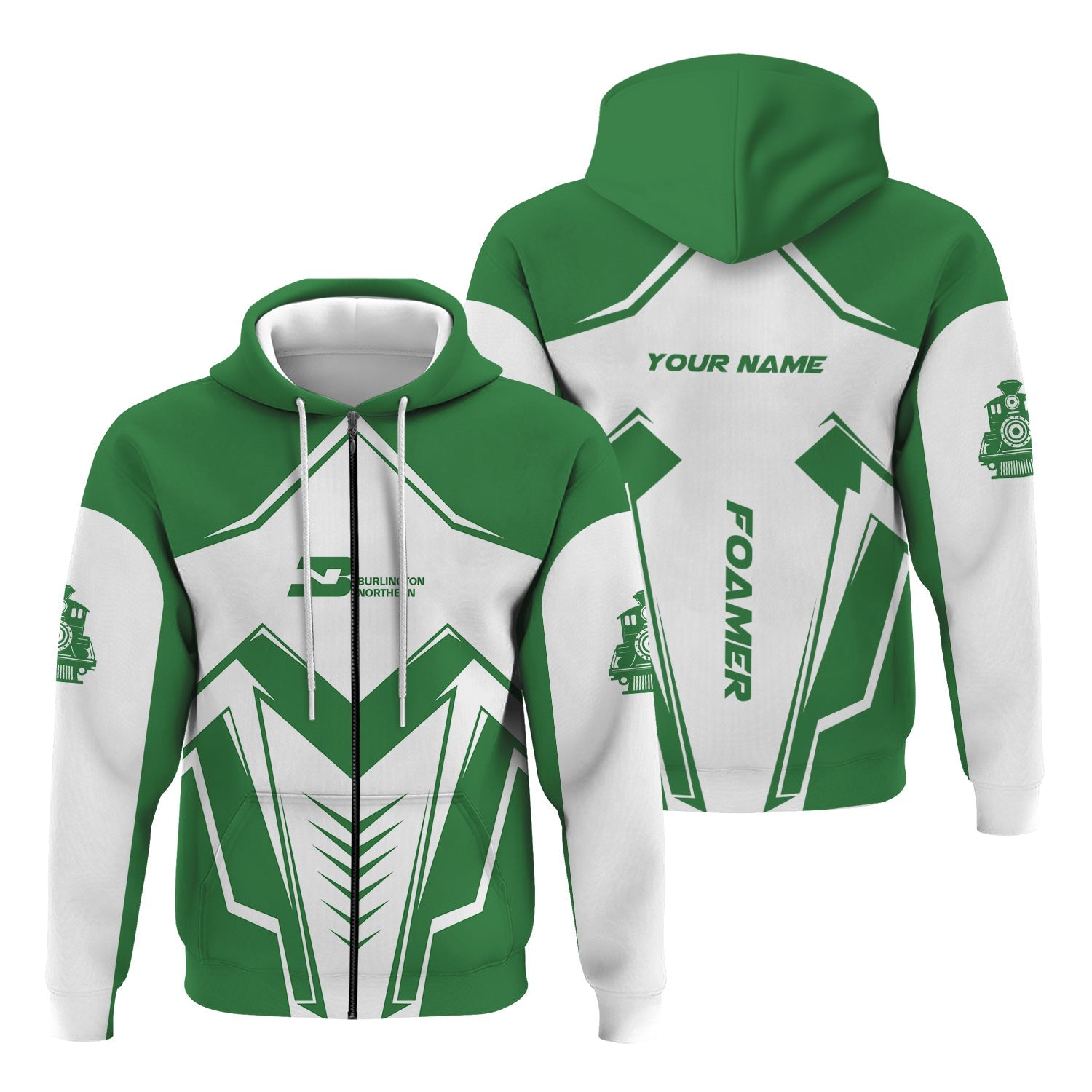 Railspirit Personalized Burlington Northern Railroad Hoodie Railway Trainspotter Style Zip Up Hoodie Gift Idea For Foamers