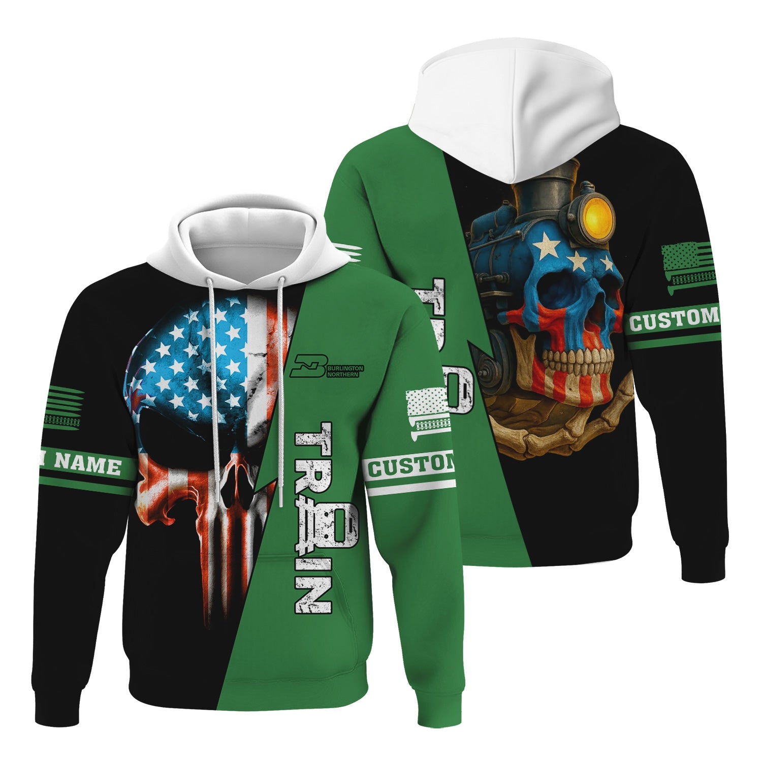 Railspirit Personalized Burlington Northern Railroad Hoodie Train Skull American Flag Zip Up Hoodie All Over Print