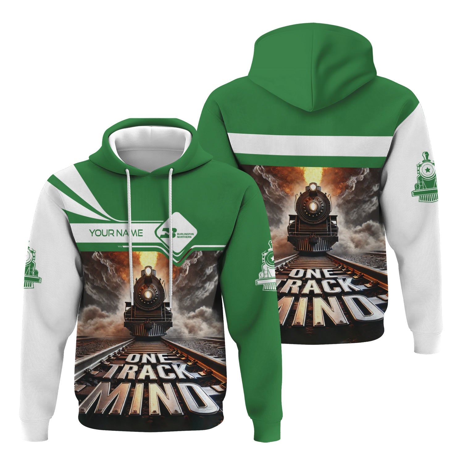 Railspirit Personalized Burlington Northern Railroad Hoodie One Track Mind Train Printed ZIp Up Hoodie
