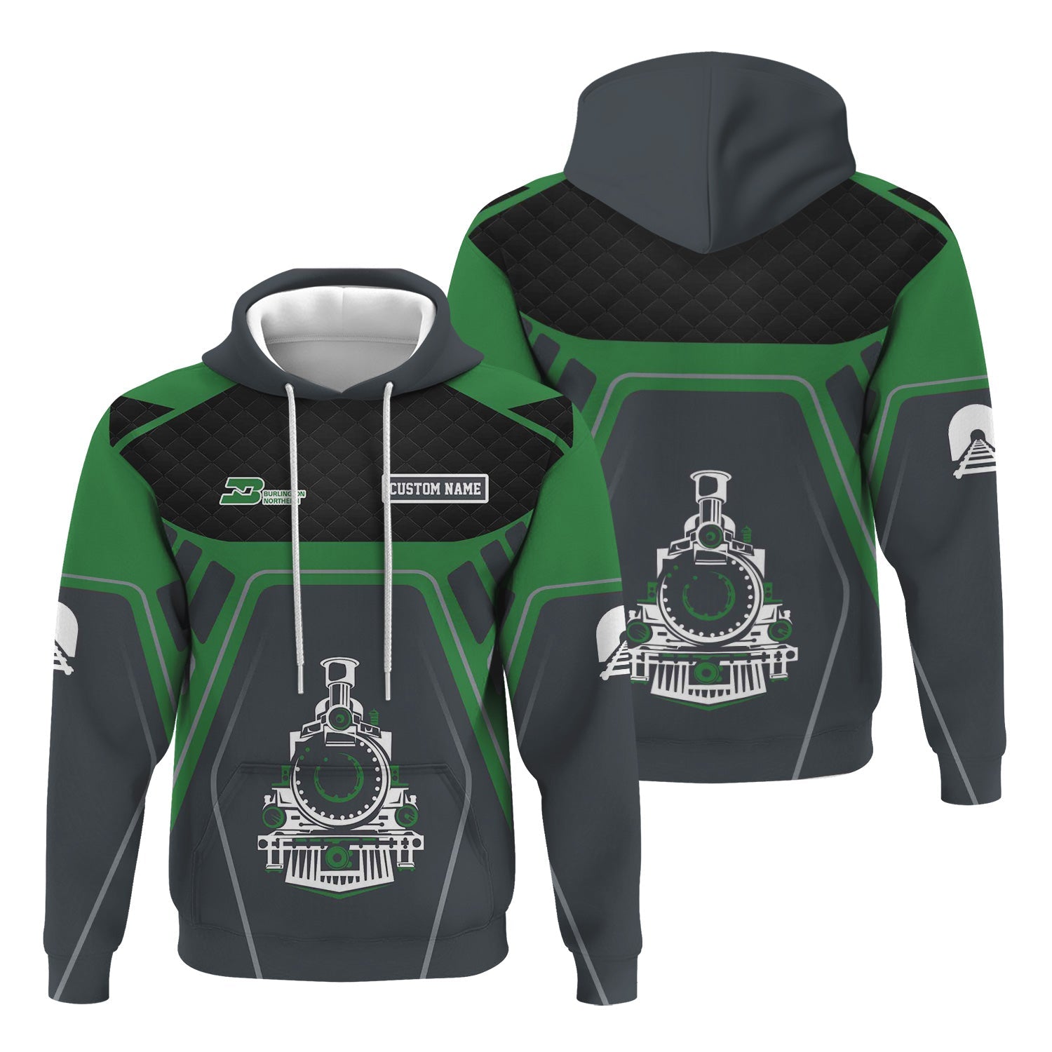 Railspirit Personalized Burlington Northern Railroad Hoodie Steam Locomotive Engine Graphic Train Zip Up Hoodie All Over Print