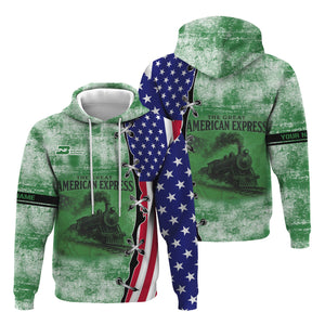 Railspirit Personalized Burlington Northern Railroad Hoodie Retro American Express Train With USA Flag Zip Up Hoodie