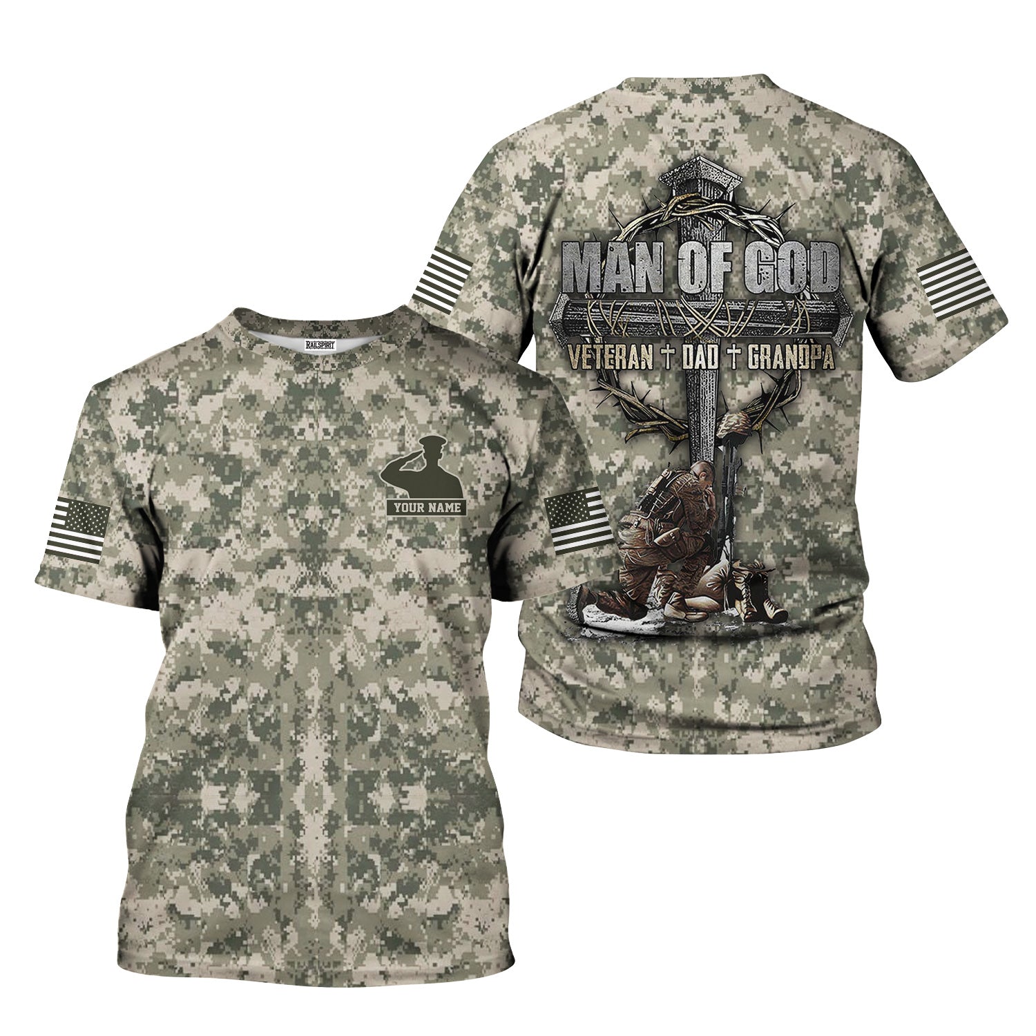 Personalized Camo Christian Military Tee, Man of God Veteran Dad Grandpa Shirt, Soldier Kneeling at Cross Patriotic Gift for Men