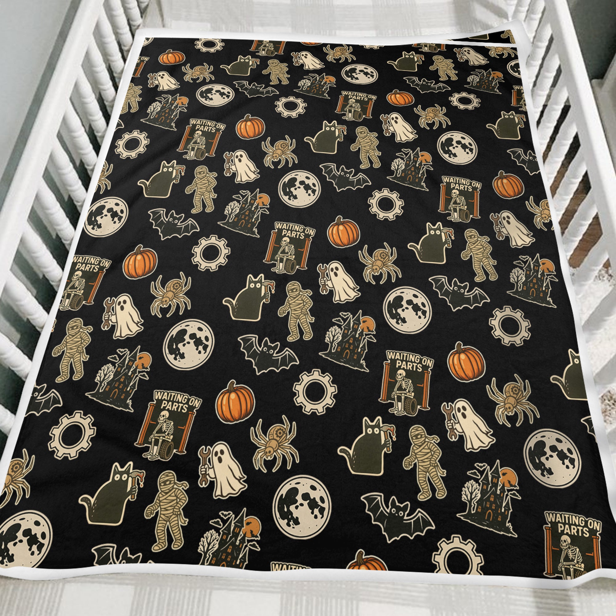 Funny Halloween Mechanic Blanket , Spooky Pumpkin Ghost Mummy Spider Bat Moon Costume Funny Scary Blanket for Mechanic