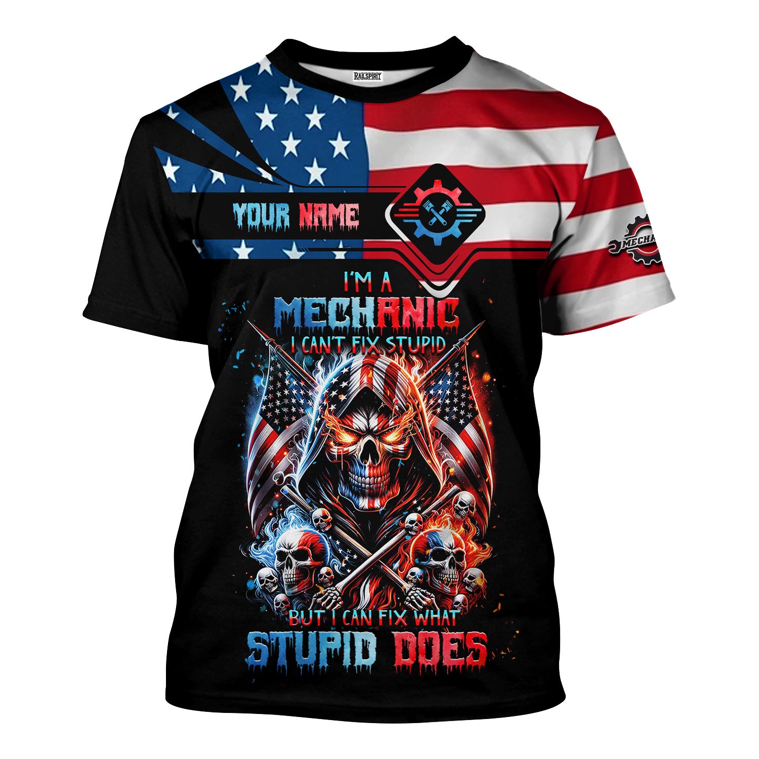 Custom Mechanic Shirt, Fix Stupid Design, Personalized Name, American Flag Skull Graphic, Funny Mechanic T-shirt for Men & Women