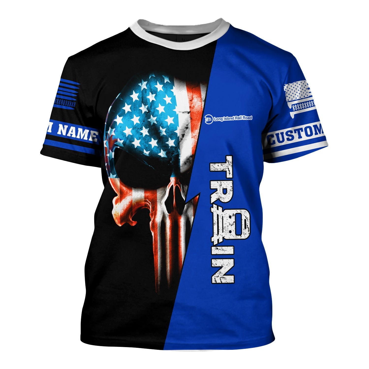 Railspirit Personalized Long Island Railroad T-Shirt Train Skull American Flag Shirt All Over Print