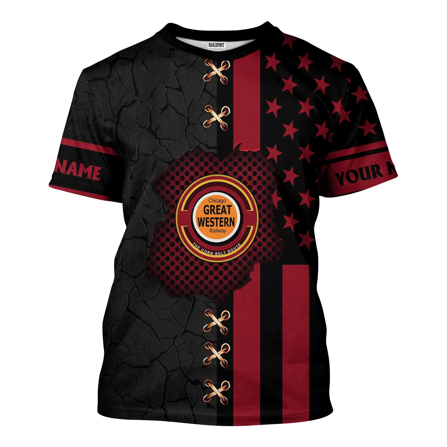 Railspirit Personalized Chicago Great Western Railroad T-Shirt American Flag with Crack Effect Train Shirt