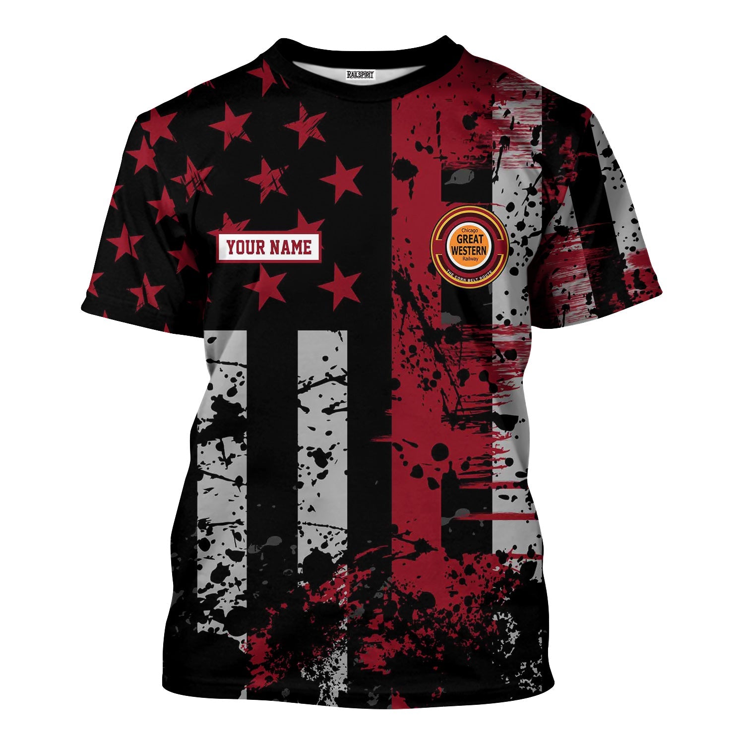 Railspirit Personalized Chicago Great Western Railroad T-Shirt Artistic Paint American Flag Style Train Shirt