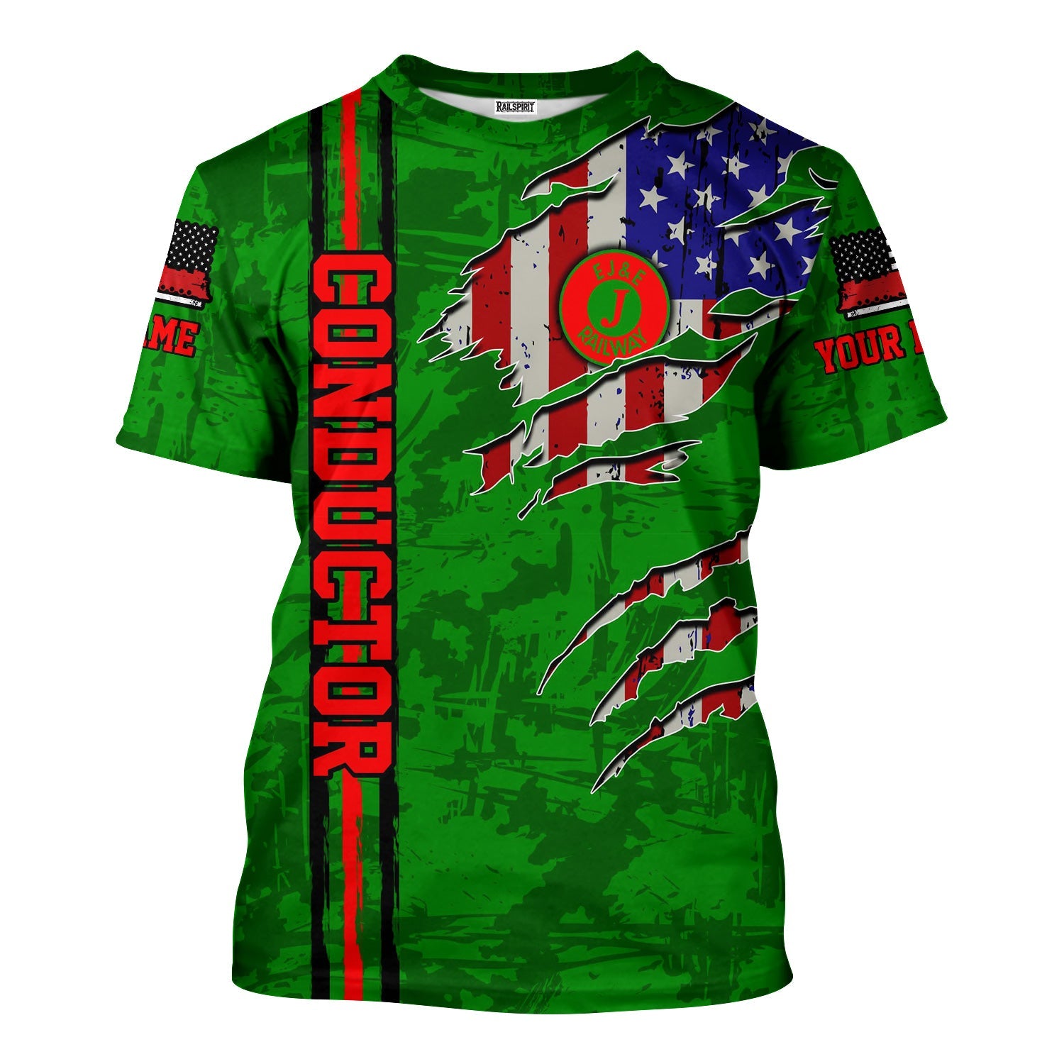 Railspirit Personalized Elgin Joliet And Eastern Railroad T-Shirt USA Flag Claw Art with Custom Job Train Shirt