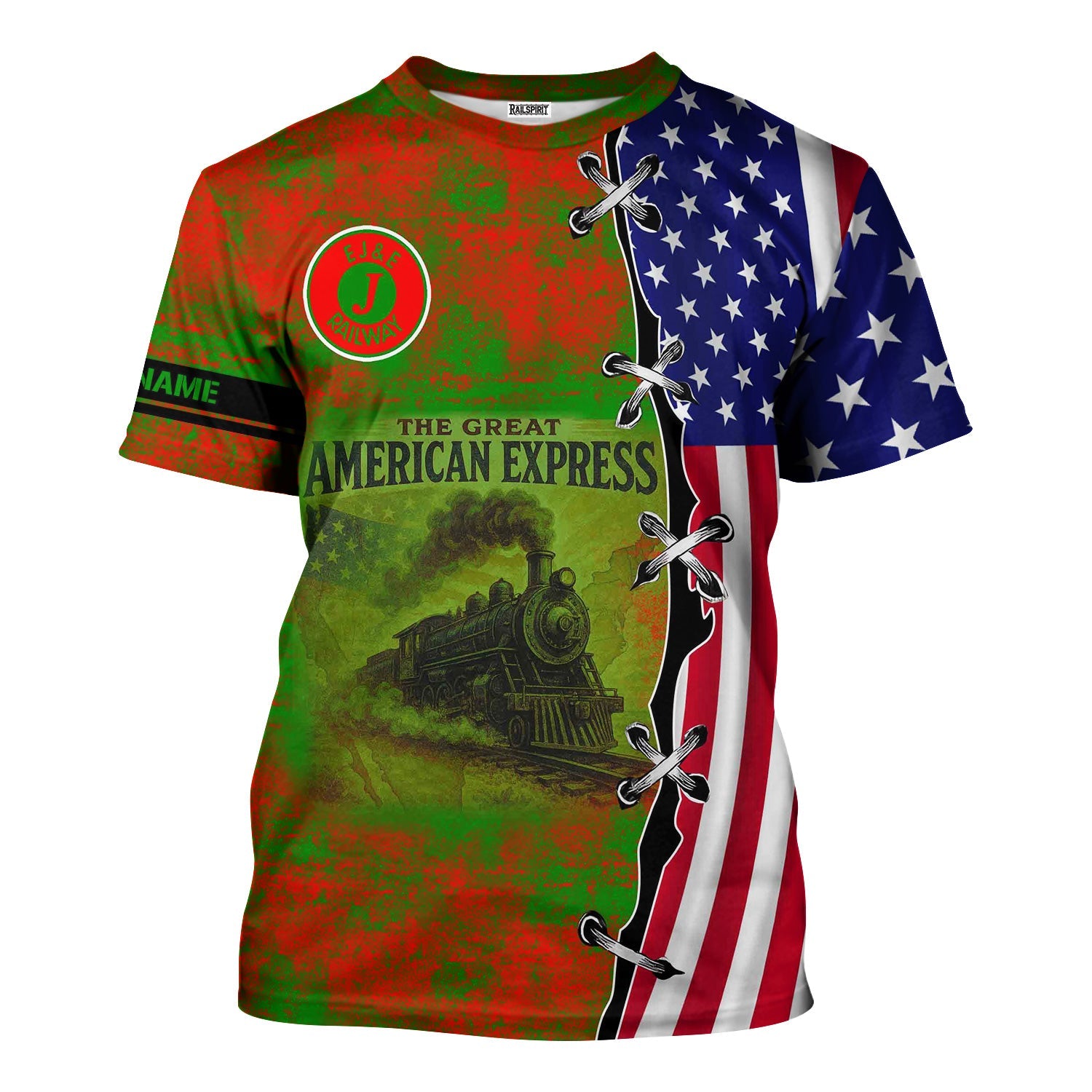 Railspirit Personalized Elgin Joliet And Eastern Railroad T-Shirt Retro American Express Train With USA Flag Shirt