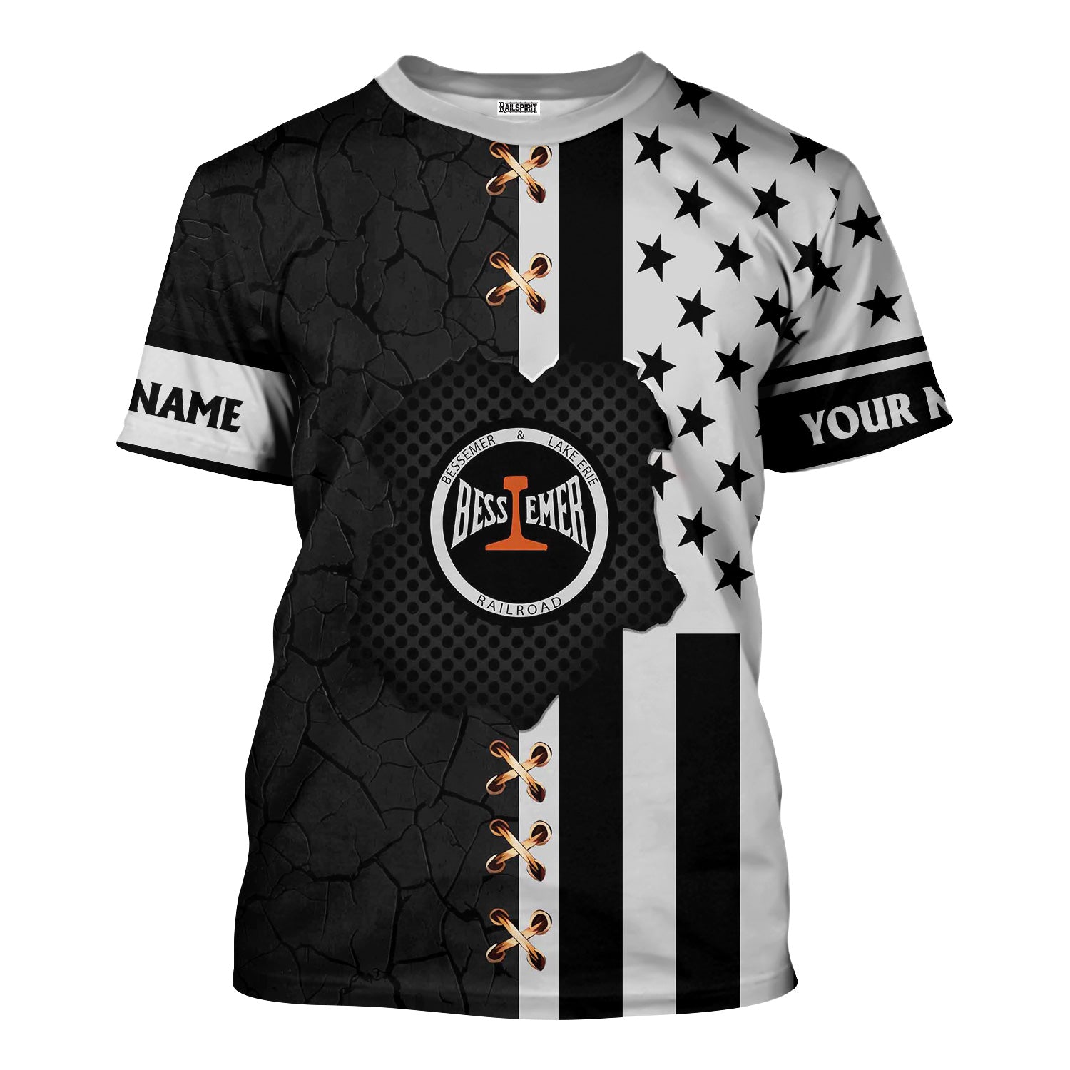 Railspirit Personalized Bessemer And Lake Erie Railroad T-Shirt American Flag with Crack Effect Train Shirt