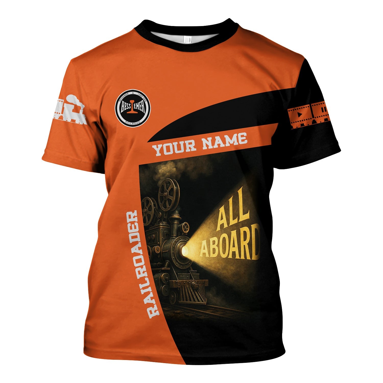 Railspirit Personalized Bessemer And Lake Erie Railroad T-Shirt All Aboard Steam Train Movie Projector Style Shirt