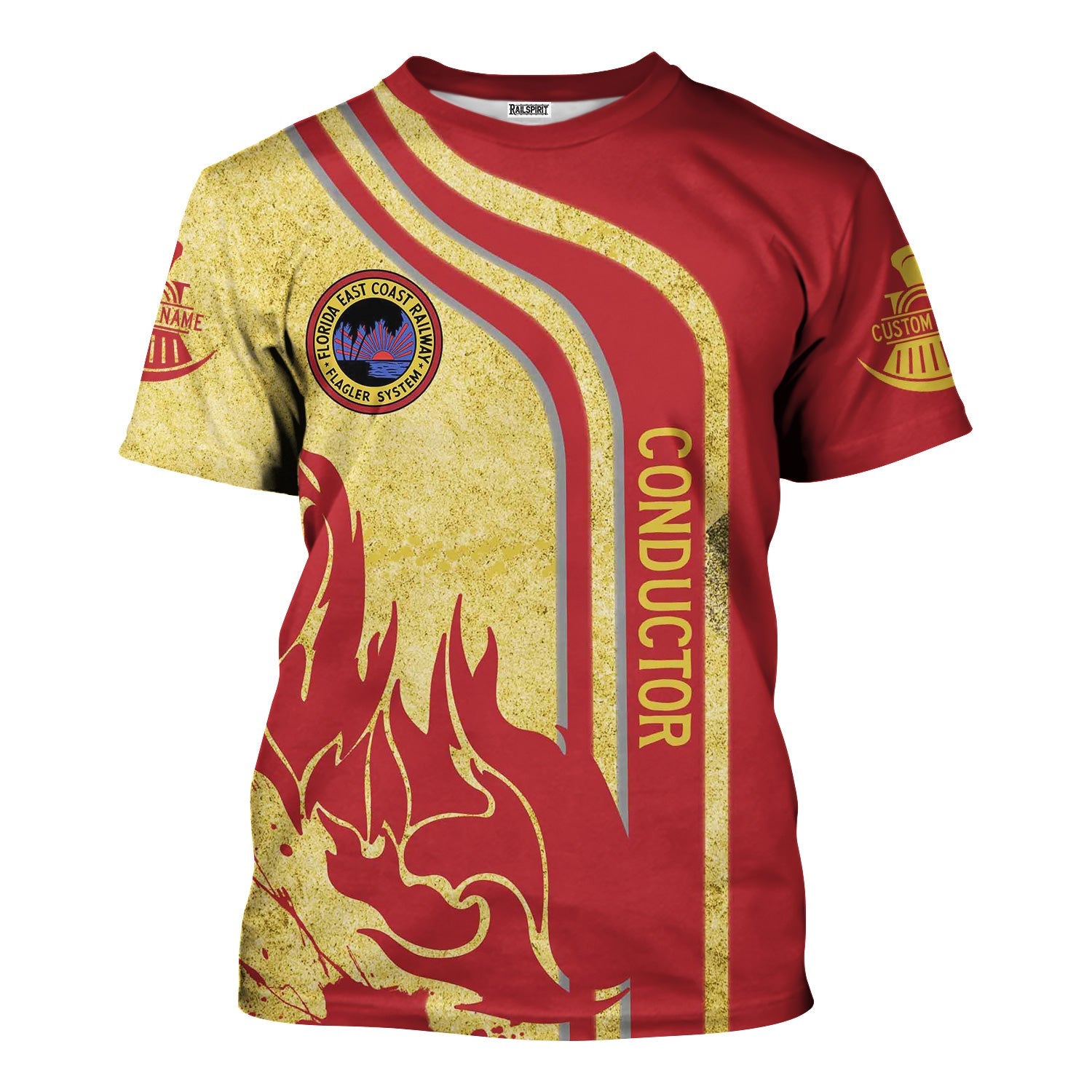 Railspirit Personalized Florida East Coast Railway T-Shirt Flame Design with Custom Job Position Train Shirt