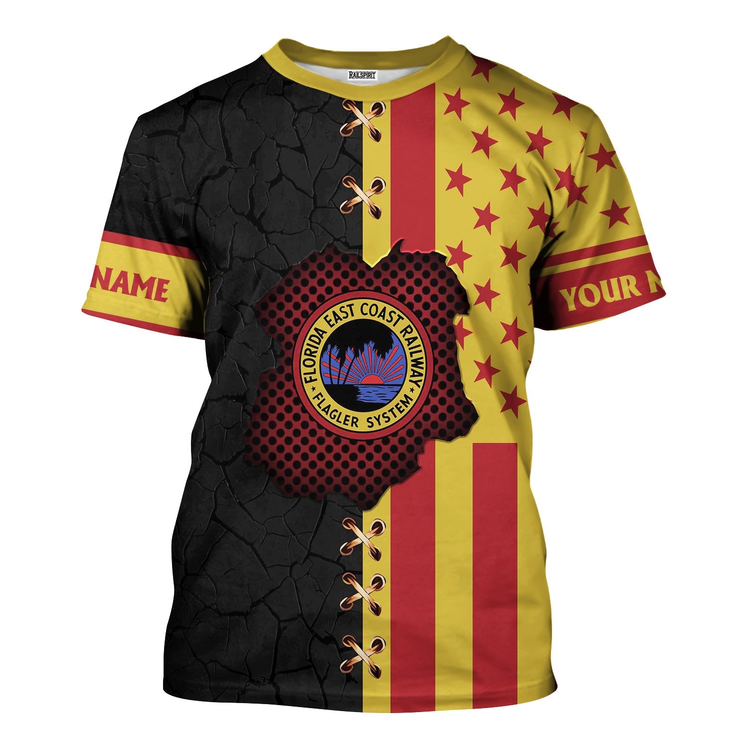 Railspirit Personalized Florida East Coast Railway T-Shirt American Flag with Crack Effect Train Shirt