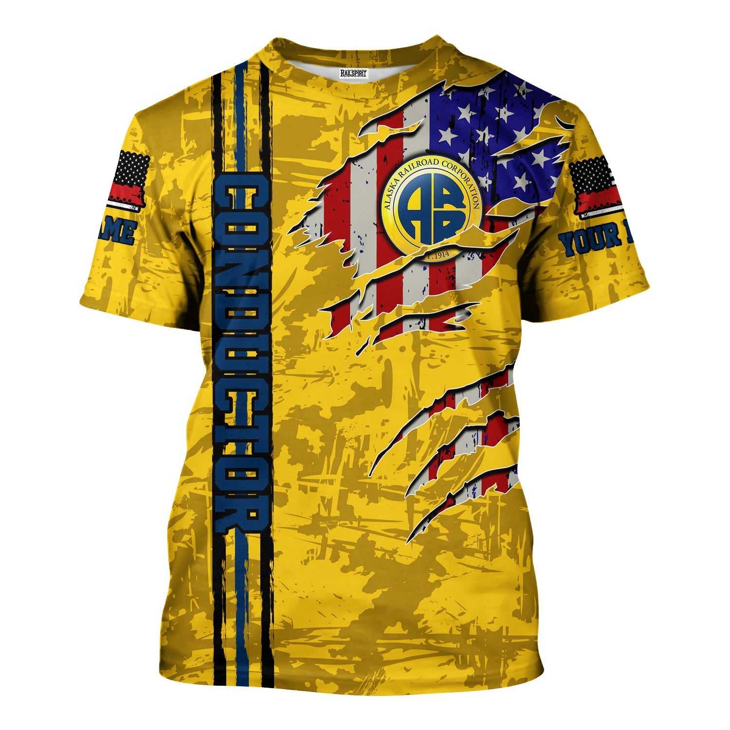 Railspirit Personalized Alaska Railroad T-Shirt USA Flag Claw Art with Custom Job Train Shirt