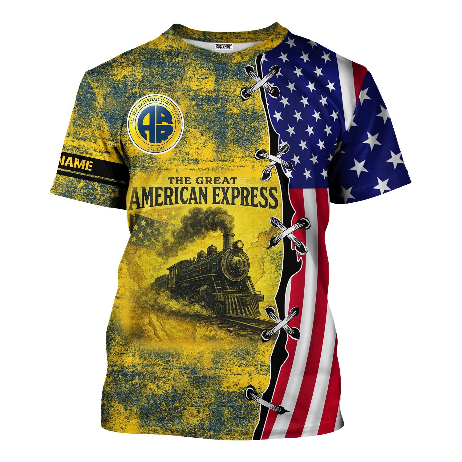 Railspirit Personalized Alaska Railroad T-Shirt Retro American Express Train With USA Flag Shirt