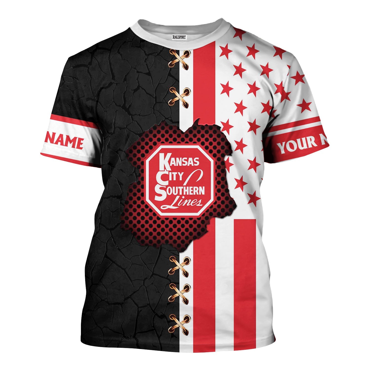Railspirit Personalized Kansas City Southern T-Shirt American Flag with Crack Effect Train Shirt