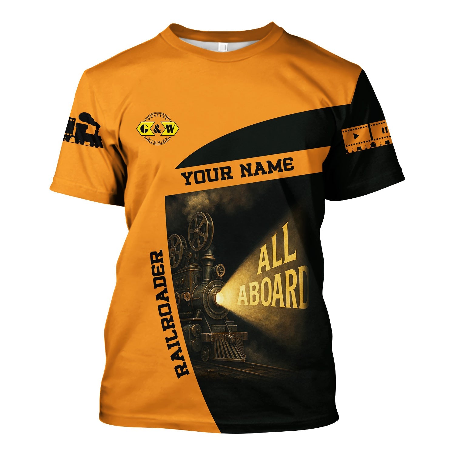 Railspirit Personalized Genesee & Wyoming Inc. Railroad T-Shirt All Aboard Steam Train Movie Projector Style Shirt