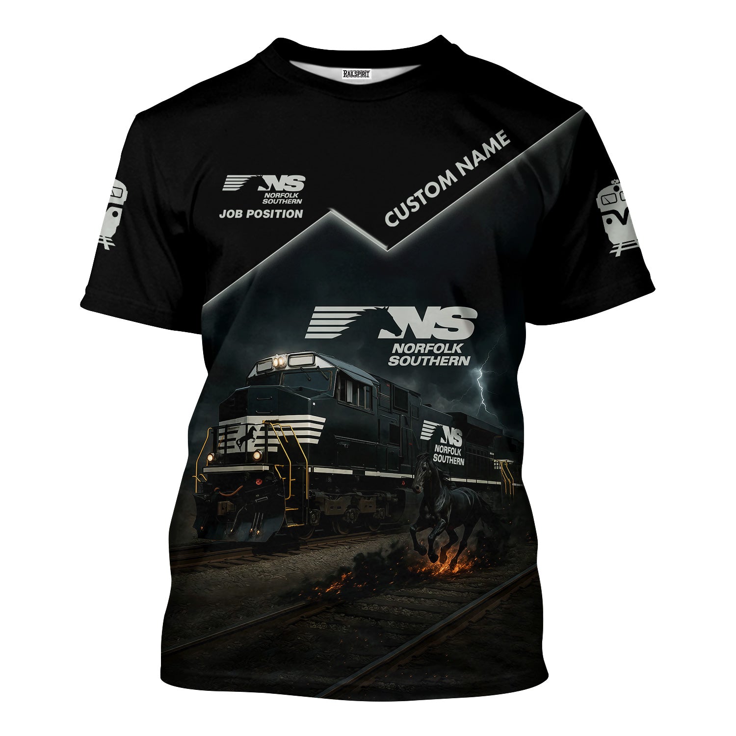 Railspirit Personalized Norfolk Southern Railway T-Shirt Black Horse with Custom Job Position Train Shirt
