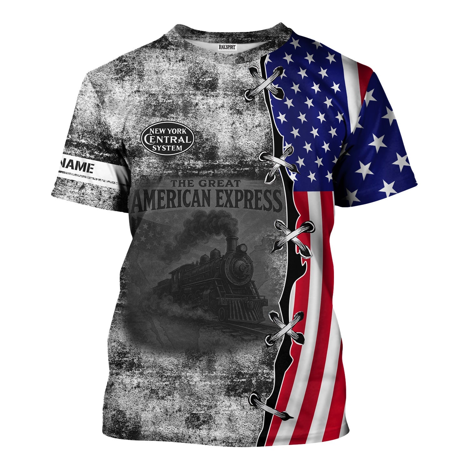 Railspirit Personalized New York Central Railroad T-Shirt Retro American Express Train With USA Flag Shirt