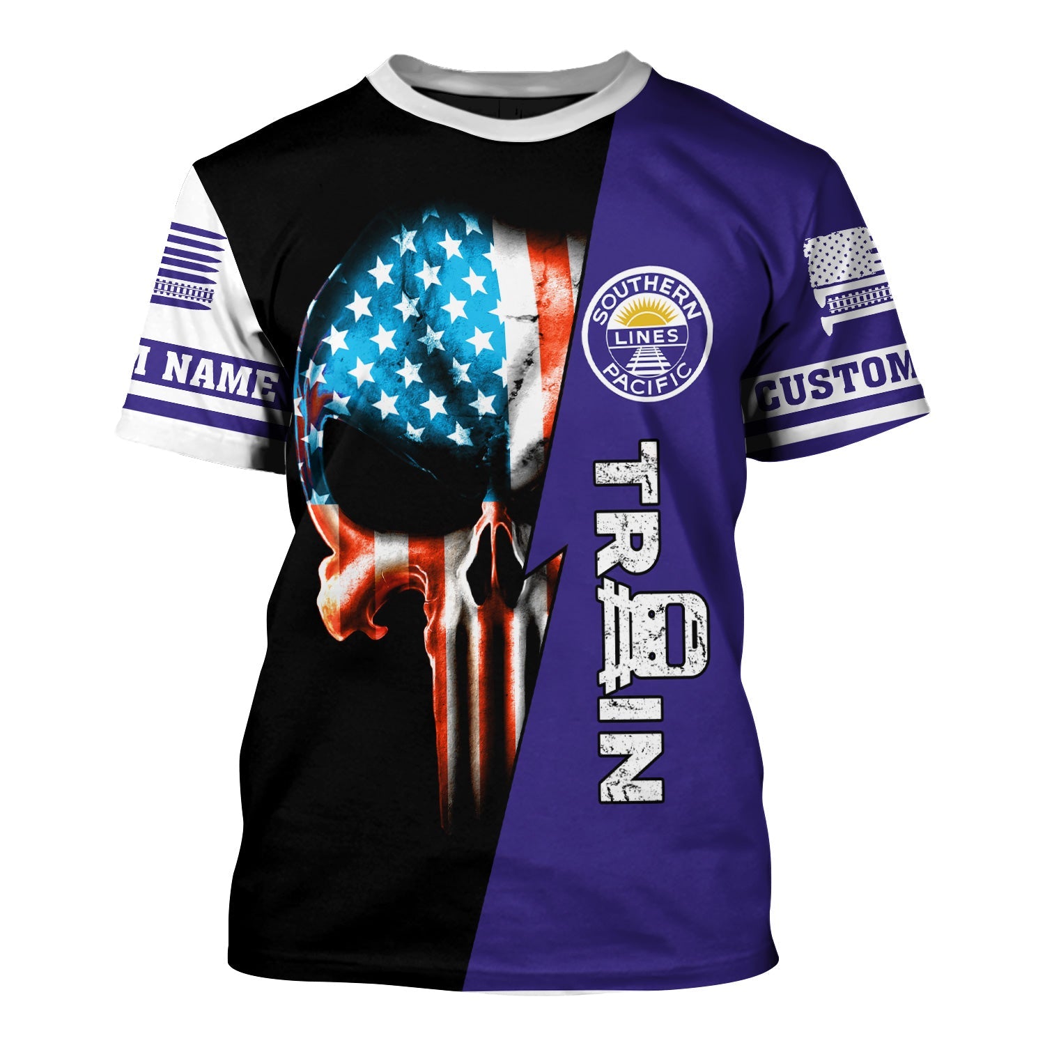 Railspirit Personalized Southern Pacific Railroad T-Shirt Train Skull American Flag Shirt All Over Print