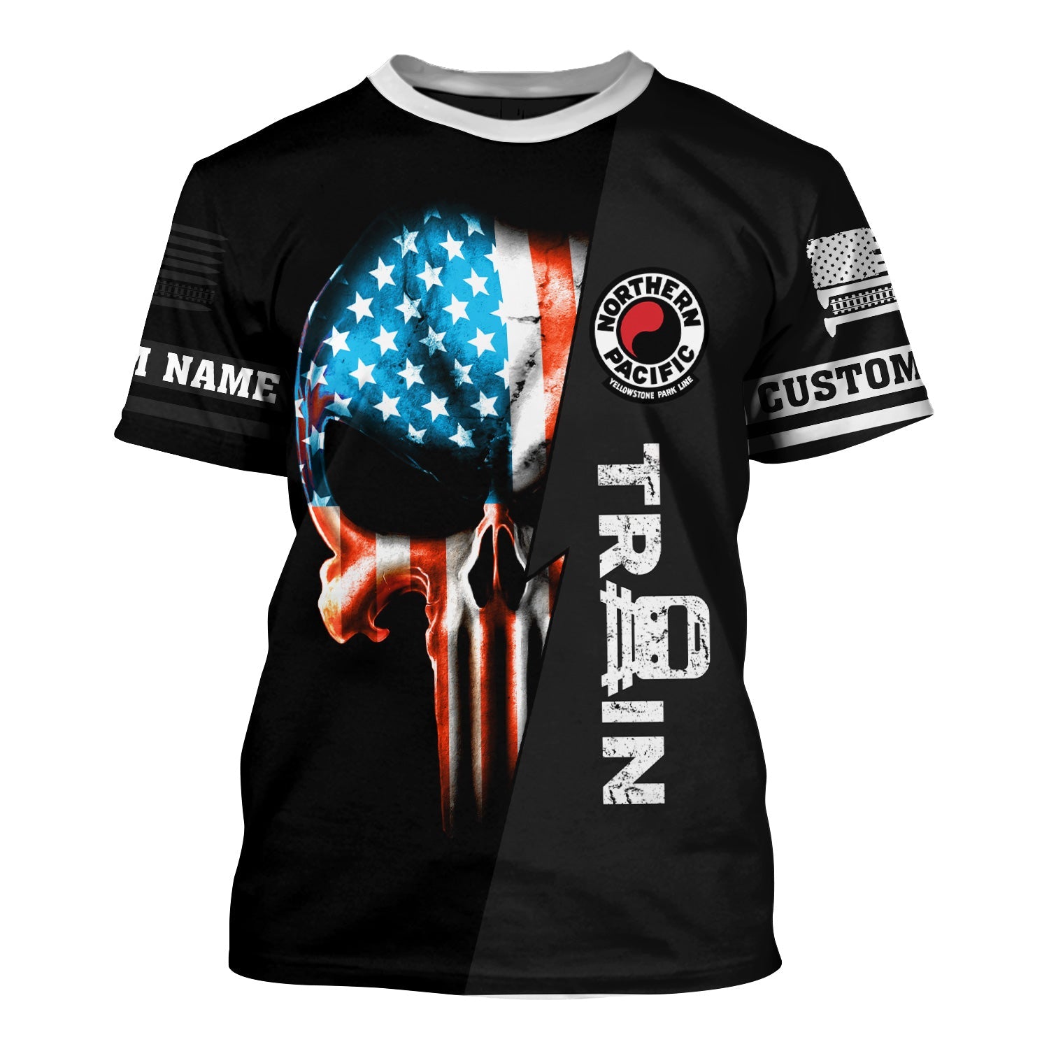 Railspirit Personalized Northern Pacific Railway T-Shirt Train Skull American Flag Shirt All Over Print