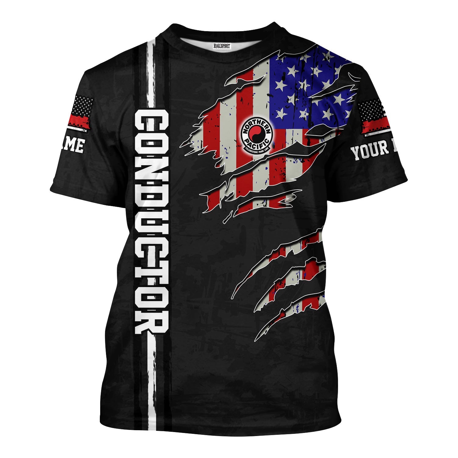 Railspirit Personalized Northern Pacific Railway T-Shirt USA Flag Claw Art with Custom Job Train Shirt