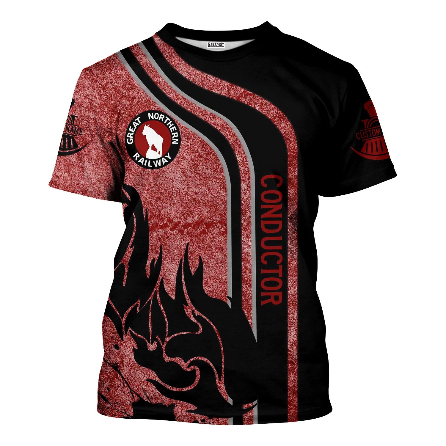 Railspirit Personalized Great Northern Railway T-Shirt Flame Design with Custom Job Position GNR Train Shirt