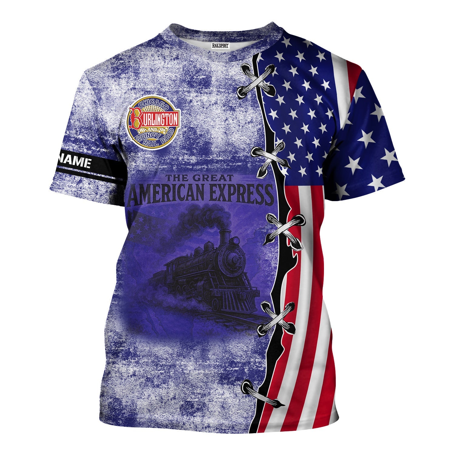 Railspirit Personalized Chicago, Burlington and Quincy Railroad T-Shirt Retro American Express Train With USA Flag Shirt