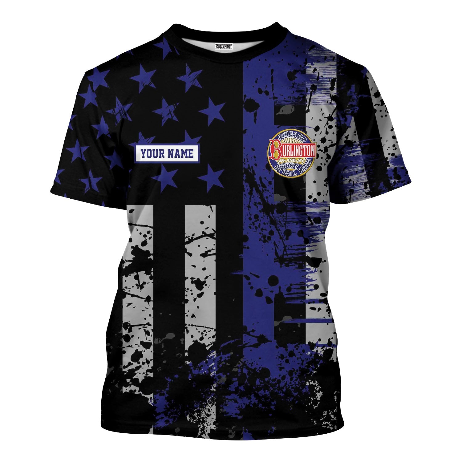 Railspirit Personalized Chicago, Burlington and Quincy Railroad T-Shirt Artistic Paint American Flag Style Train Shirt