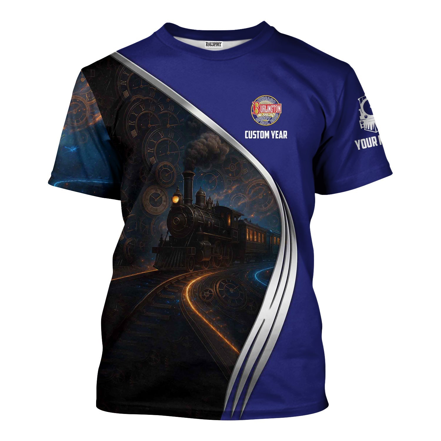 Railspirit Personalized Chicago, Burlington and Quincy Railroad T-Shirt Steampunk Locomotive with Custom Year Train Shirt