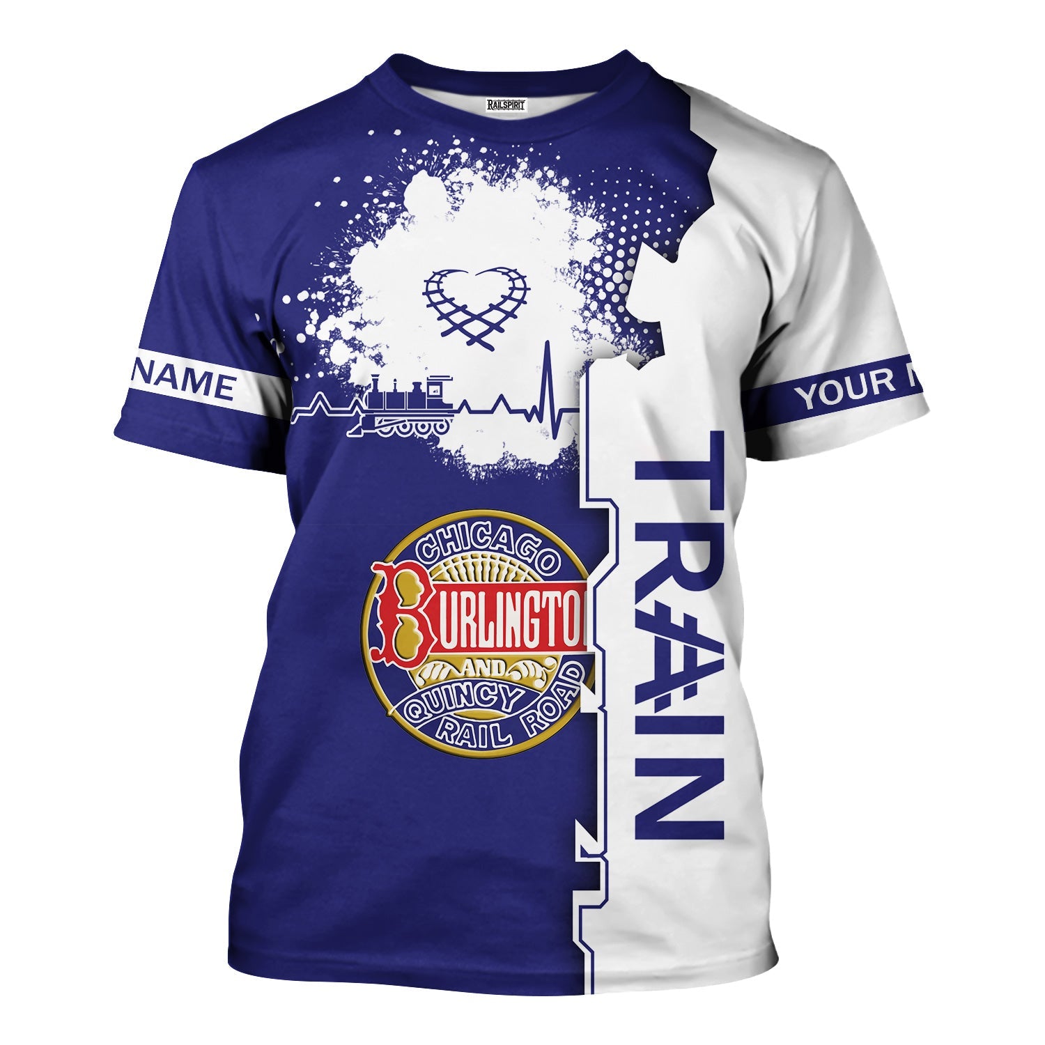 Railspirit Personalized Chicago, Burlington and Quincy Railroad T-Shirt Engine Heartbeat and Track Love Style Shirt Gift Idea For Train Lovers