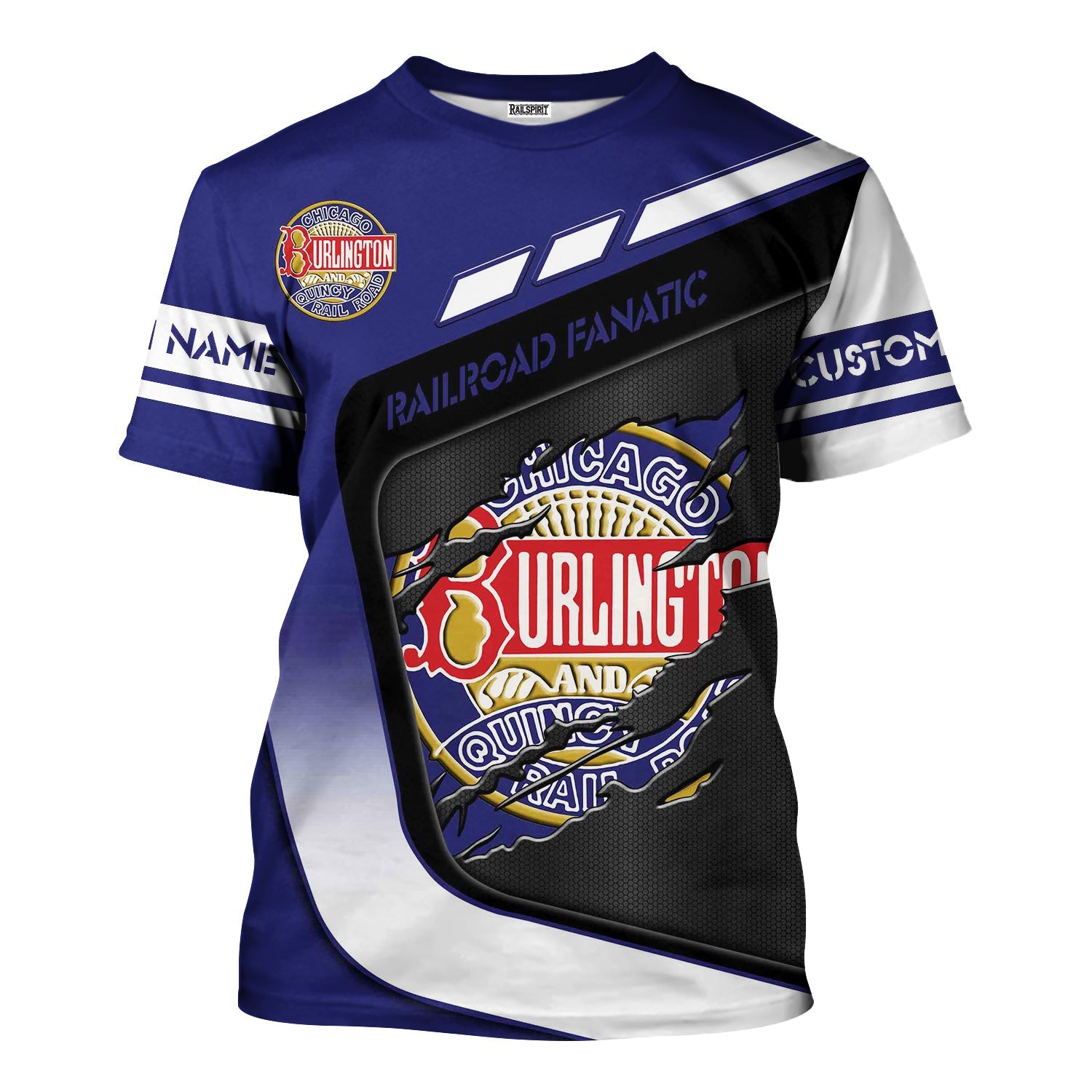 Railspirit Personalized Chicago, Burlington and Quincy Railroad T-Shirt Ripped Texture Style Train Shirt For Railroad Fanatic