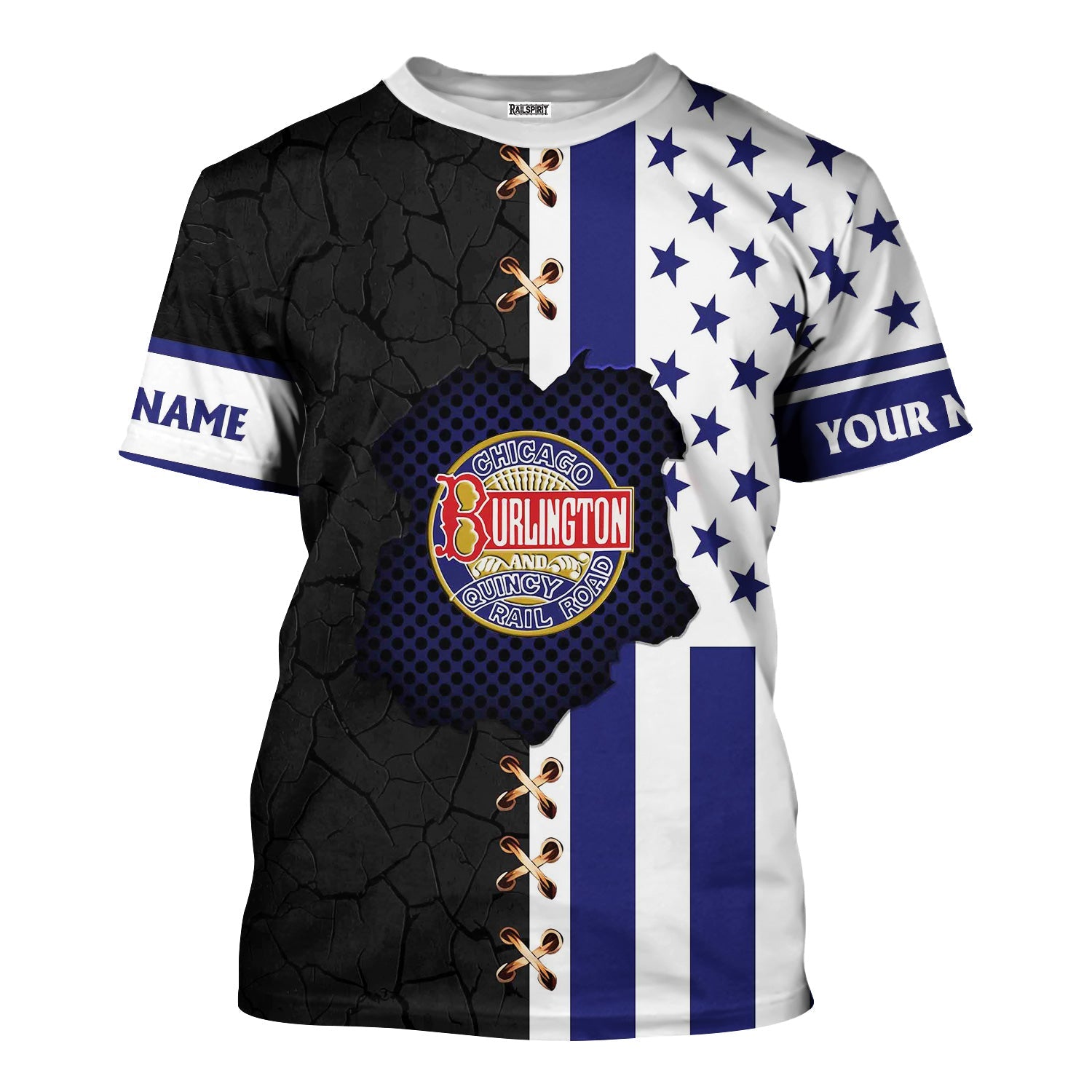 Railspirit Personalized Chicago, Burlington and Quincy Railroad T-Shirt American Flag with Crack Effect Train Shirt