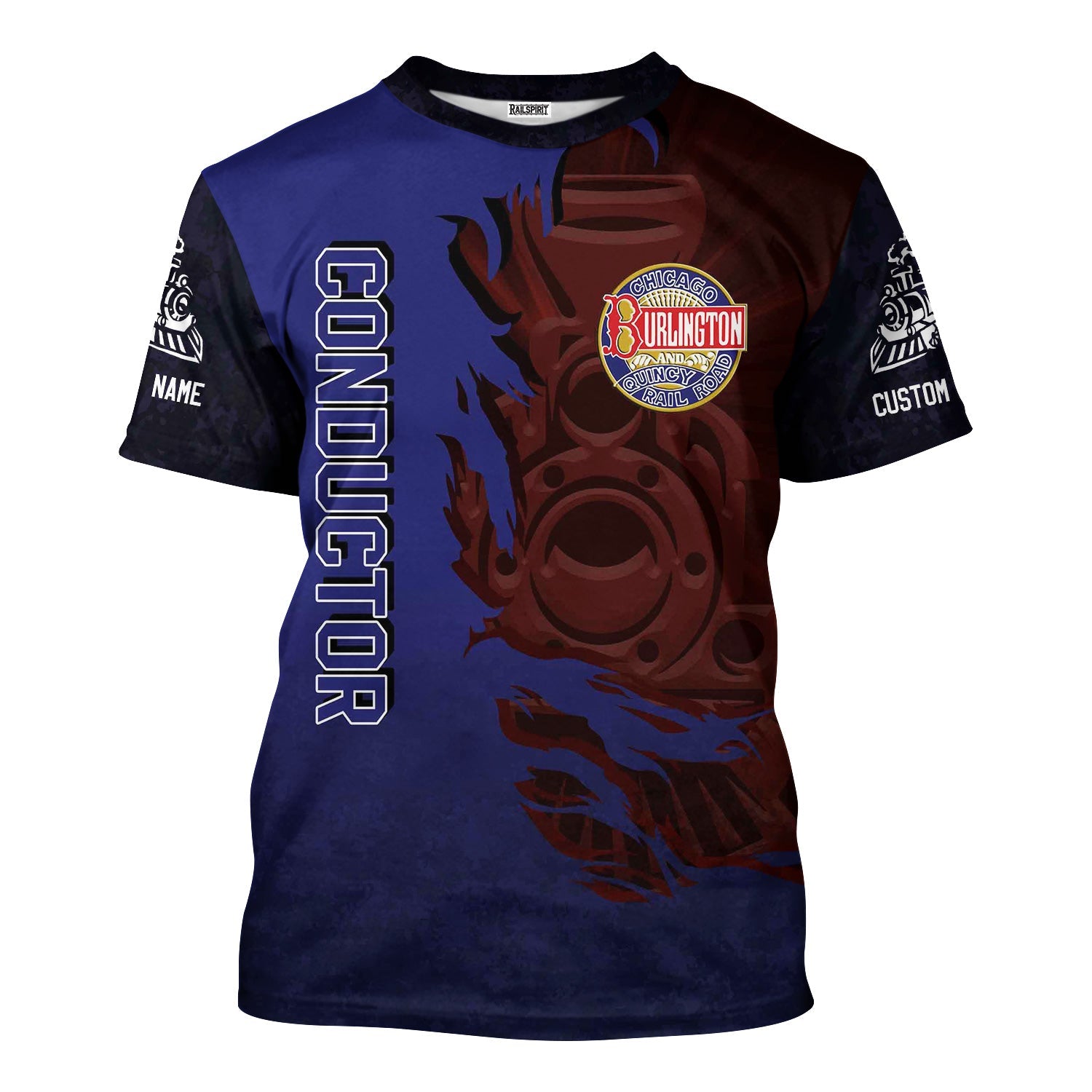 Railspirit Personalized Chicago, Burlington and Quincy Railroad T-Shirt Blazing Style with Custom Position Train Shirt