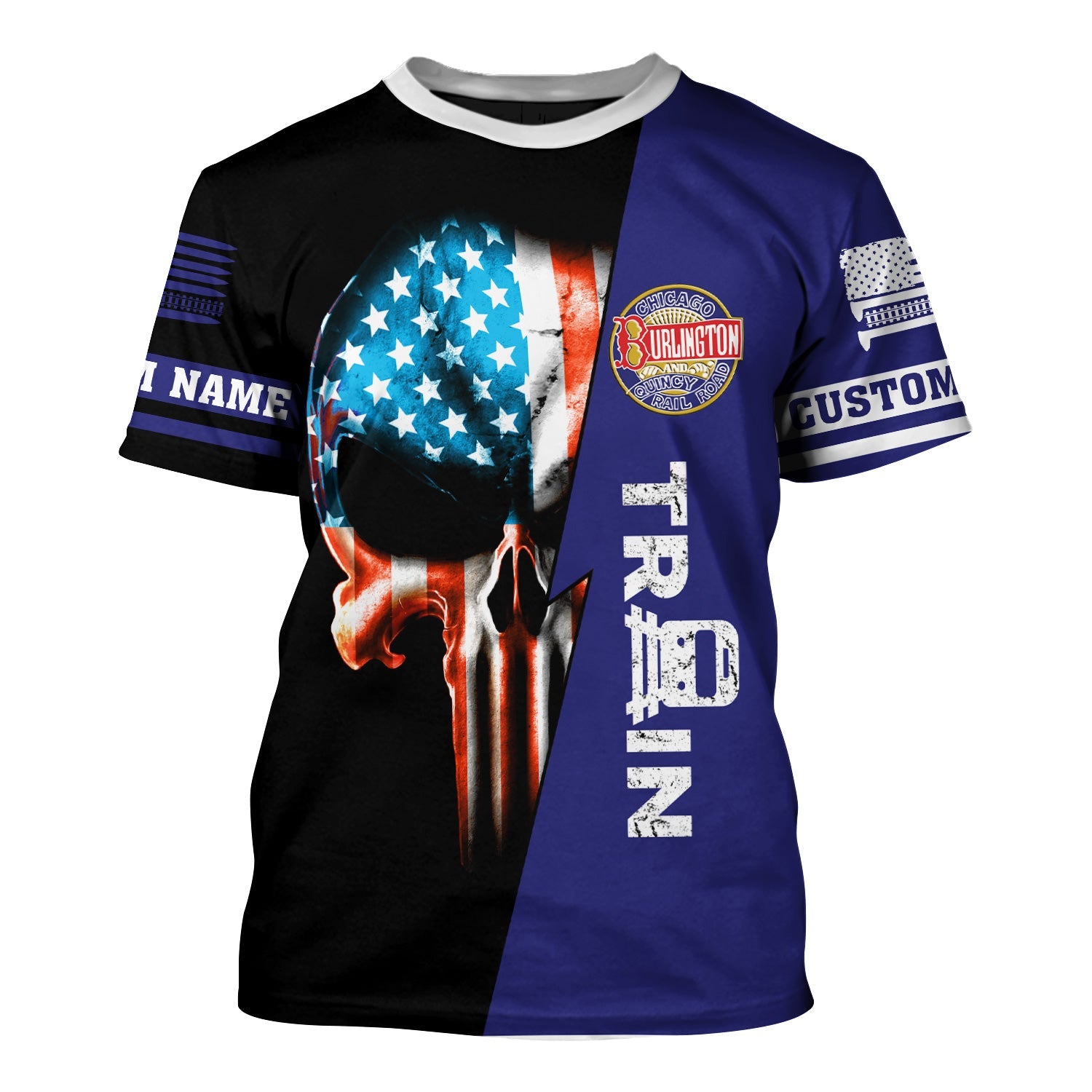 Railspirit Personalized Chicago, Burlington and Quincy Railroad T-Shirt Train Skull American Flag Shirt All Over Print