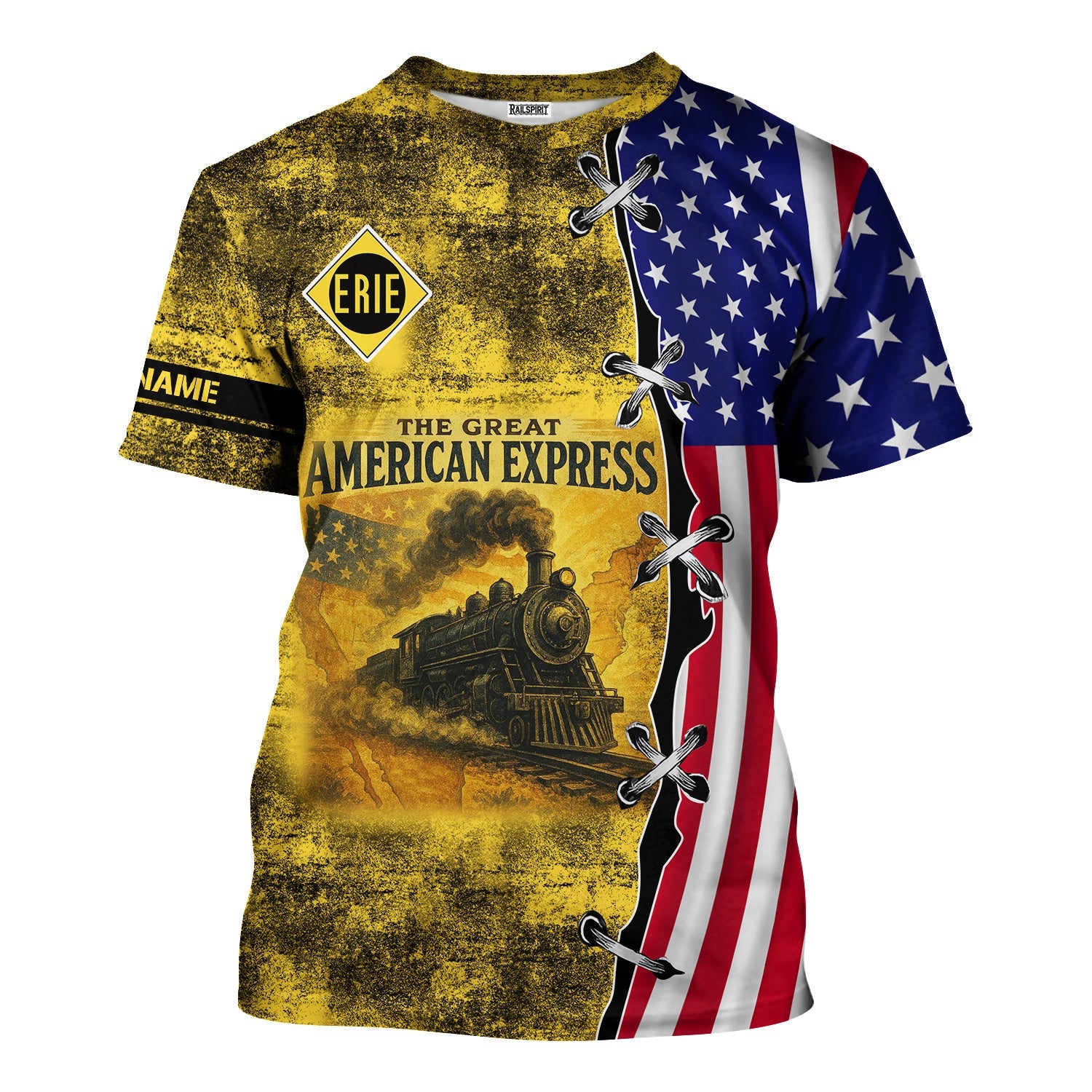 Railspirit Personalized Erie Railroad T-Shirt Retro American Express Train With USA Flag Shirt