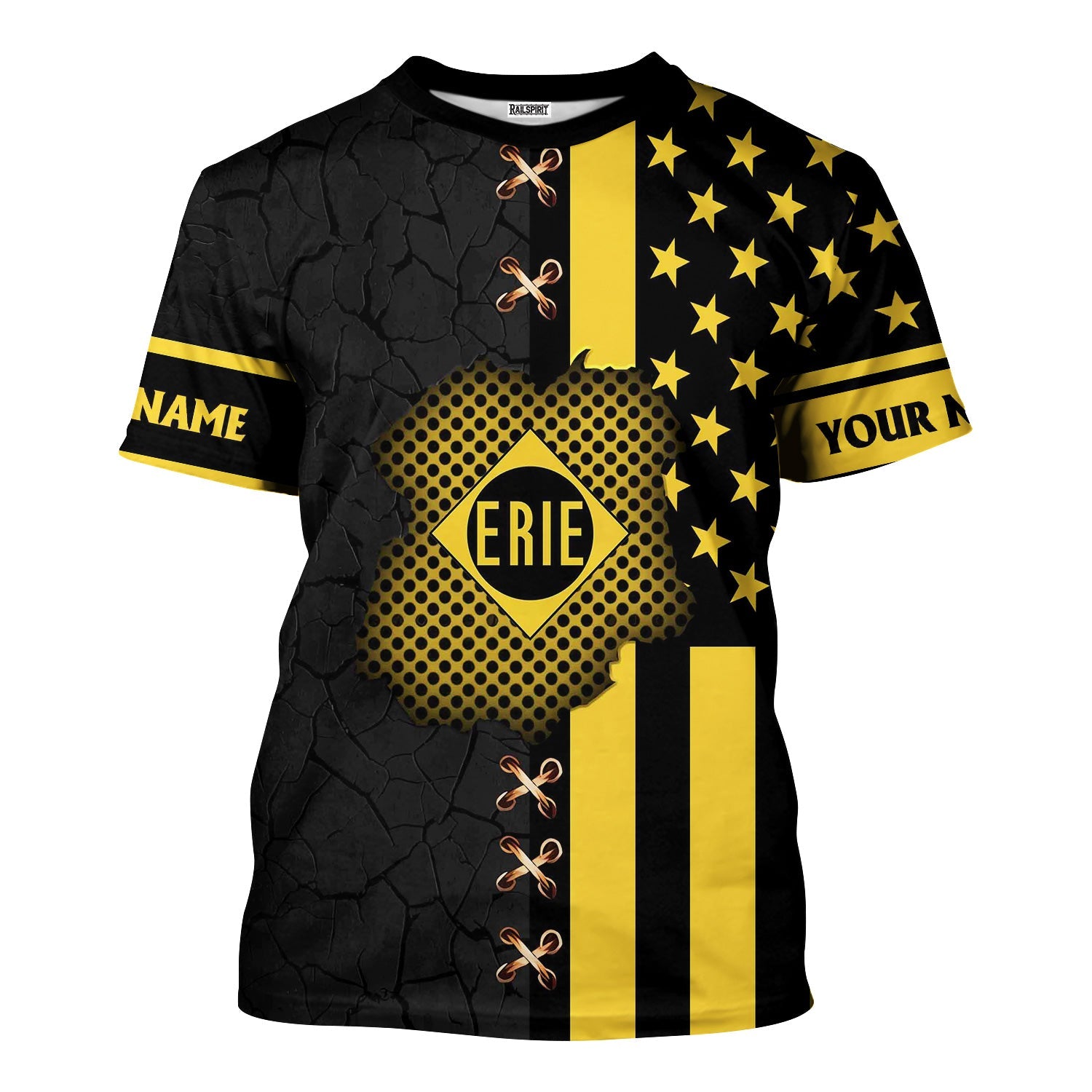 Railspirit Personalized Erie Railroad T-Shirt American Flag with Crack Effect Train Shirt
